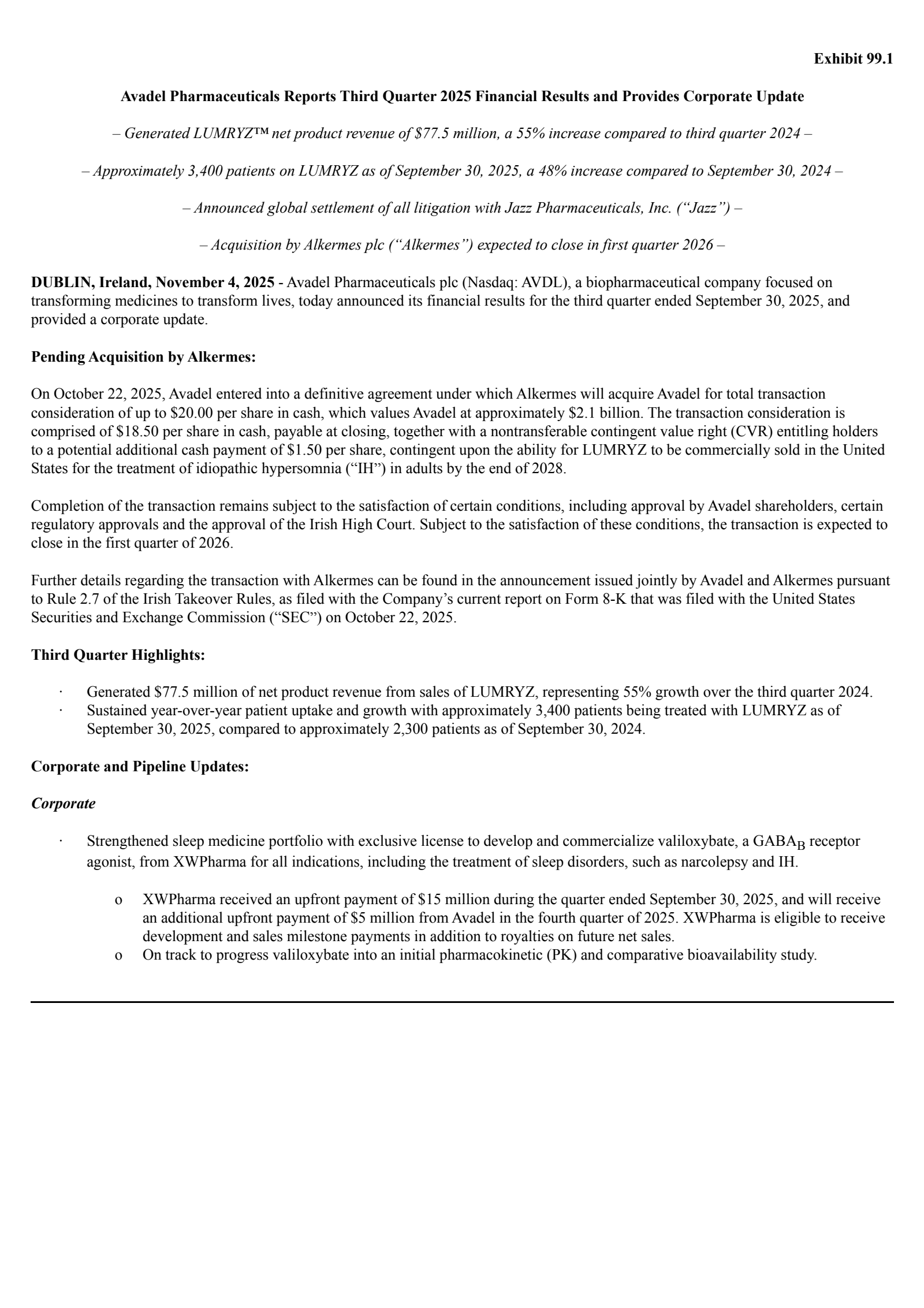 Avadel Pharmaceuticals' Q3 2025 Earnings Release