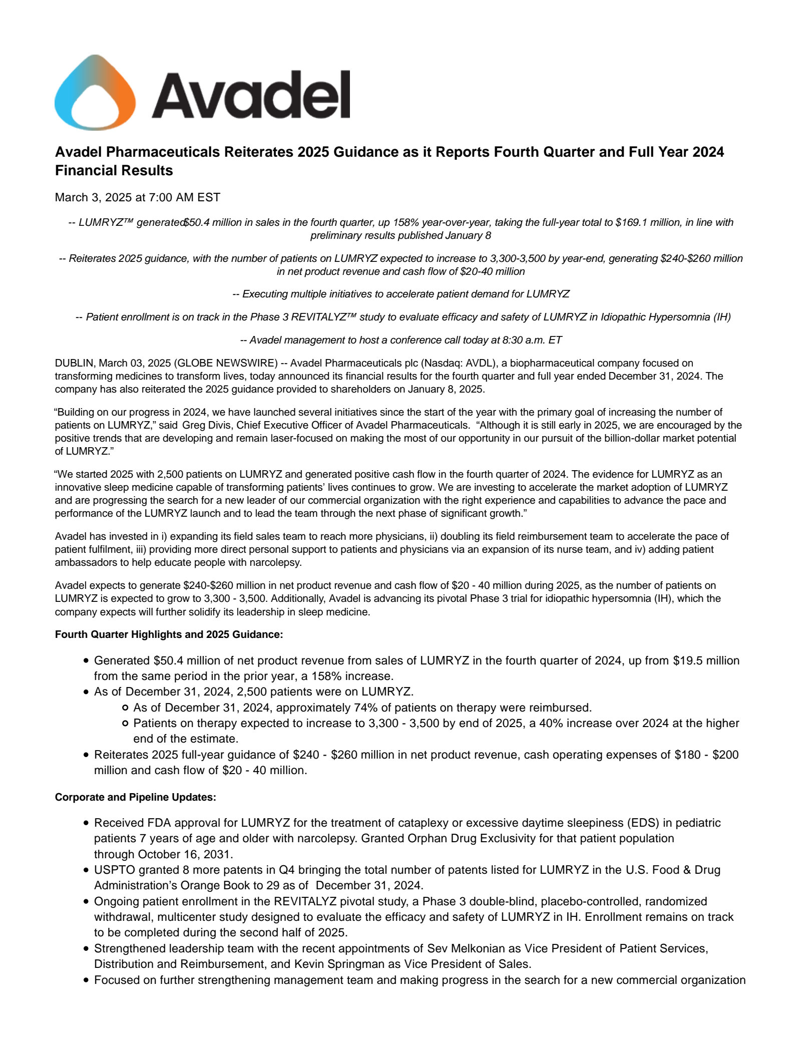 AVDL Q4 2024 Earnings Report on 3/3/2025
