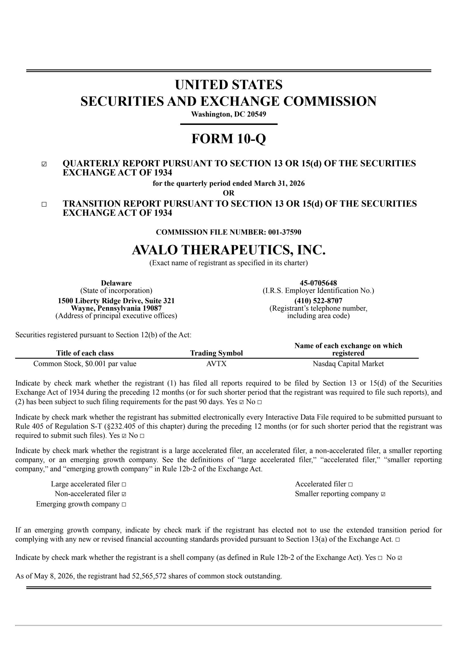Avalo Therapeutics' Q1 2026 Quarterly report