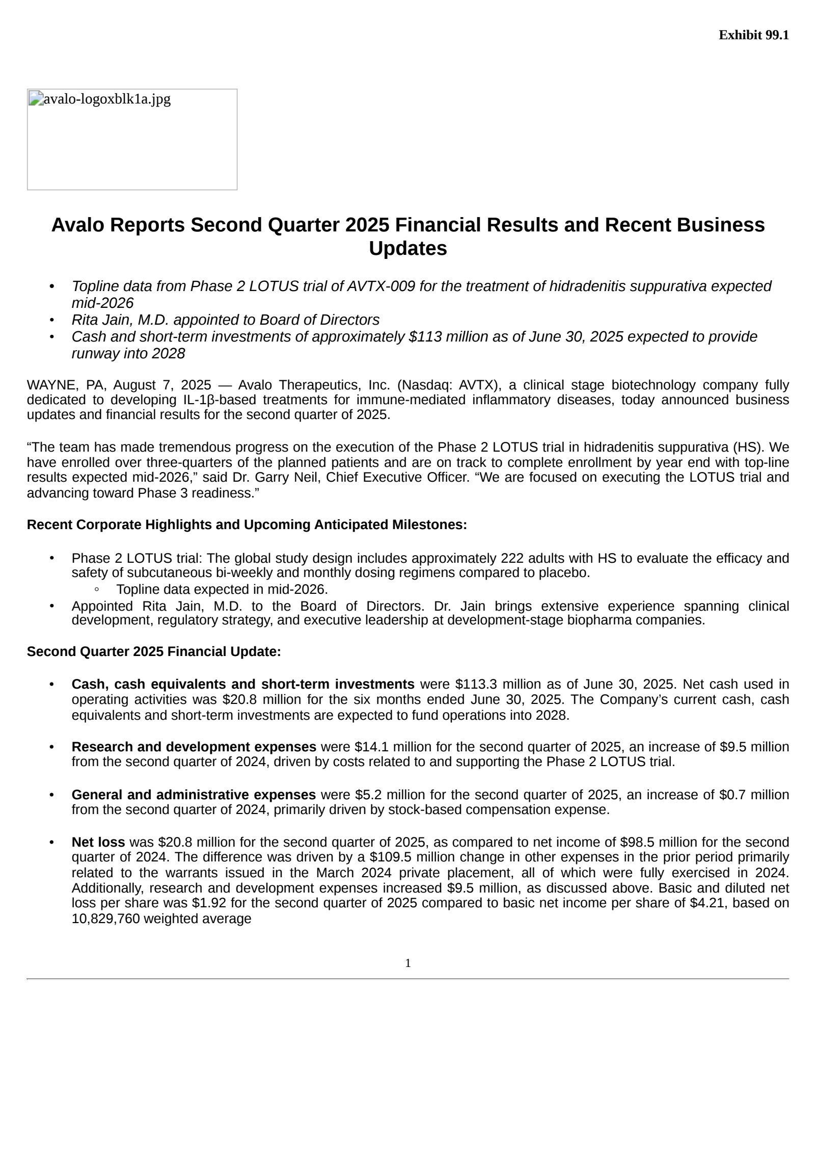 Avalo Therapeutics' Q2 2025 Press Release