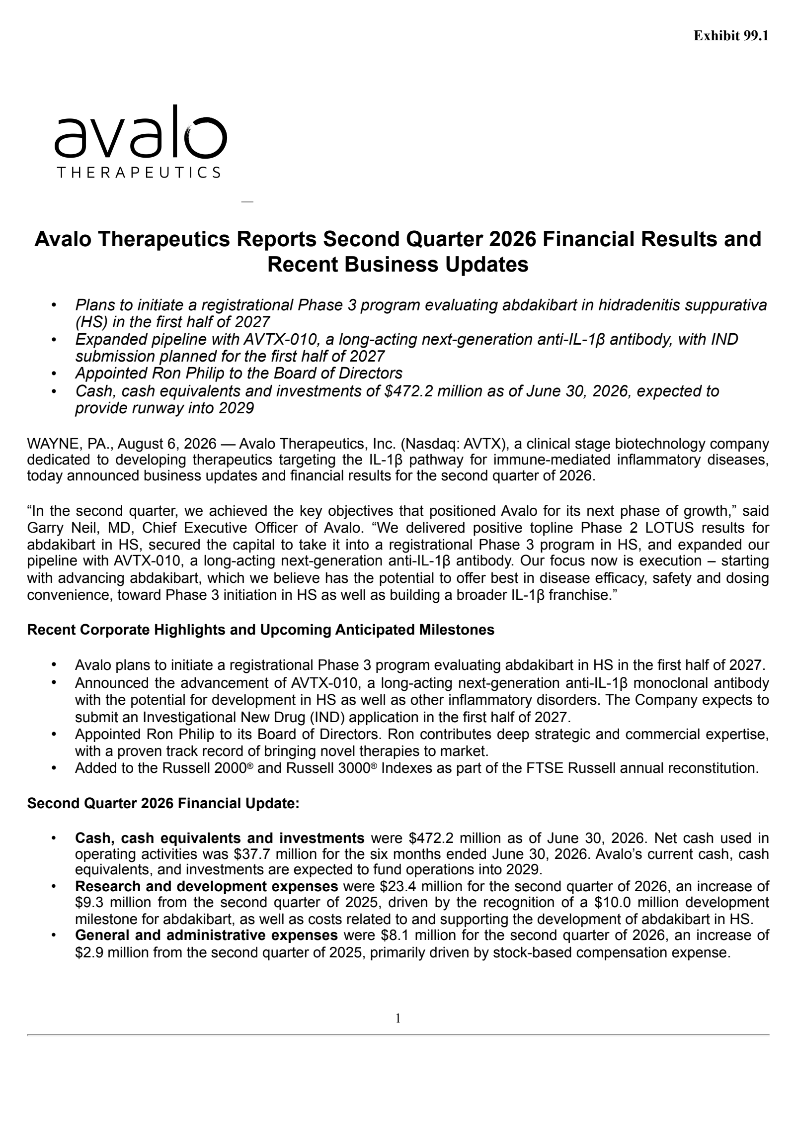 Avalo Therapeutics' Q2 2026 Press Release