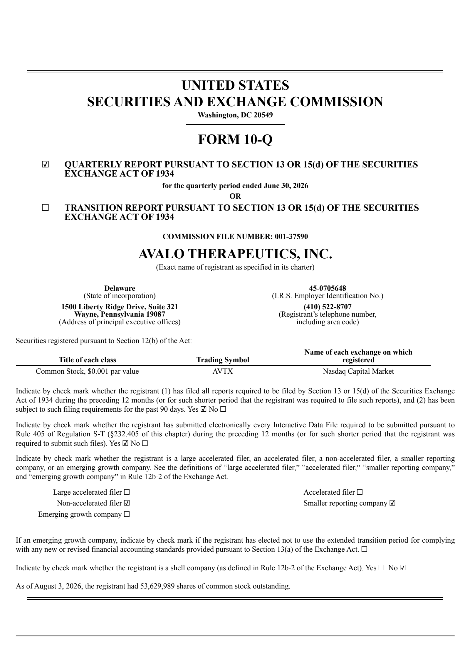 Avalo Therapeutics' Q2 2026 Quarterly report