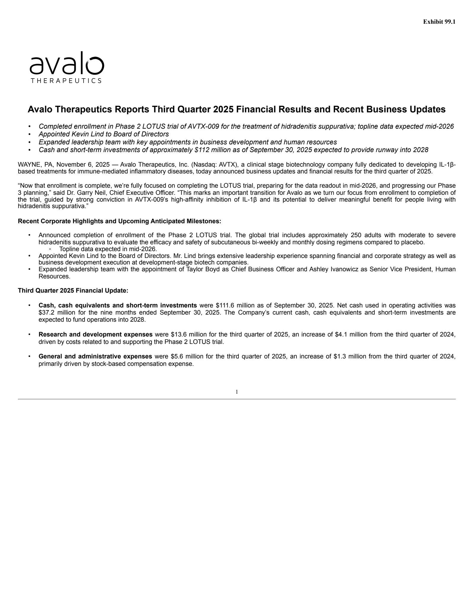 Avalo Therapeutics' Q3 2025 Earnings Release