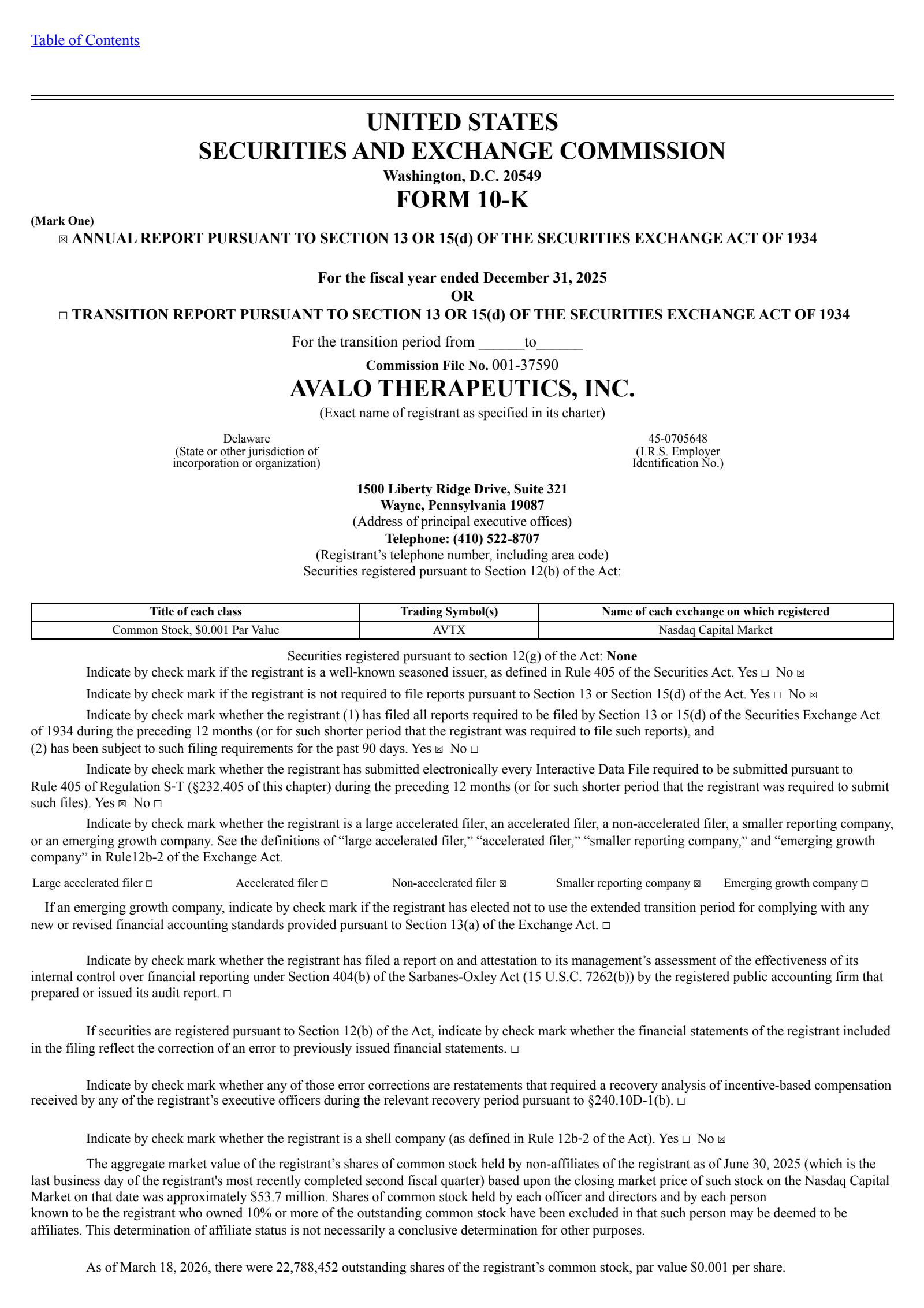 Avalo Therapeutics' Q4 2025 Annual report