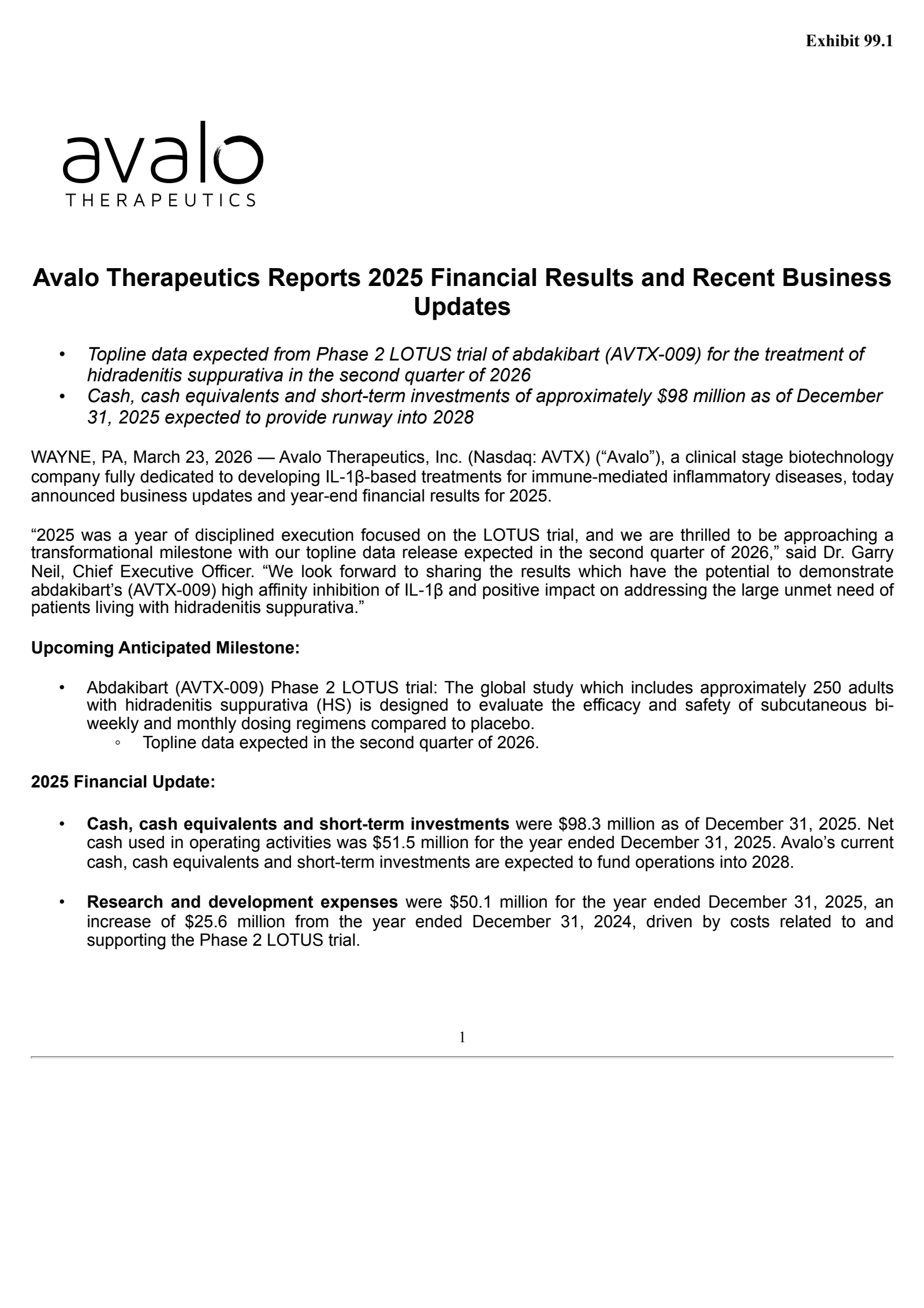 Avalo Therapeutics' Q4 2025 Press Release