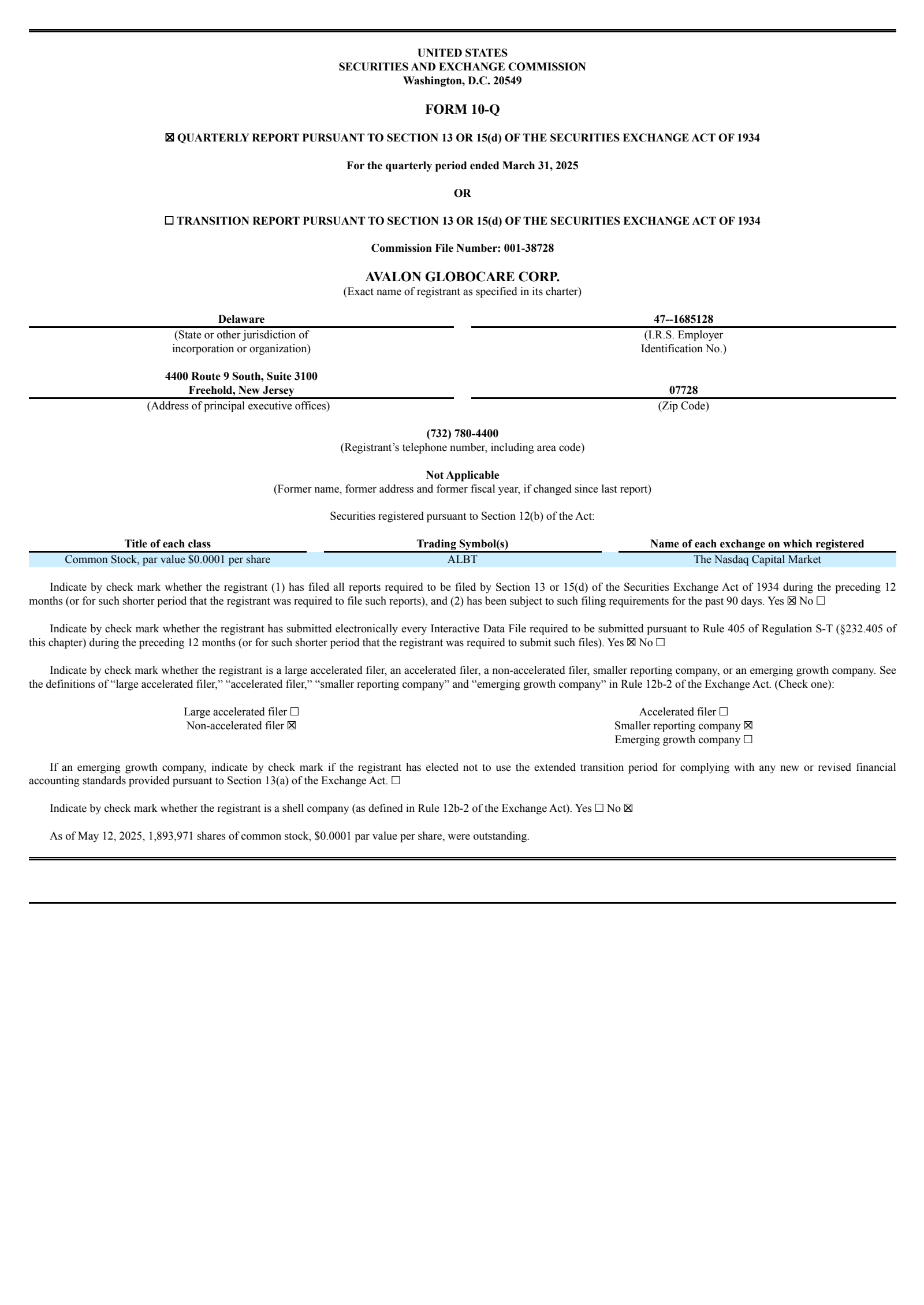Avalon GloboCare's Q1 2025 Quarterly report