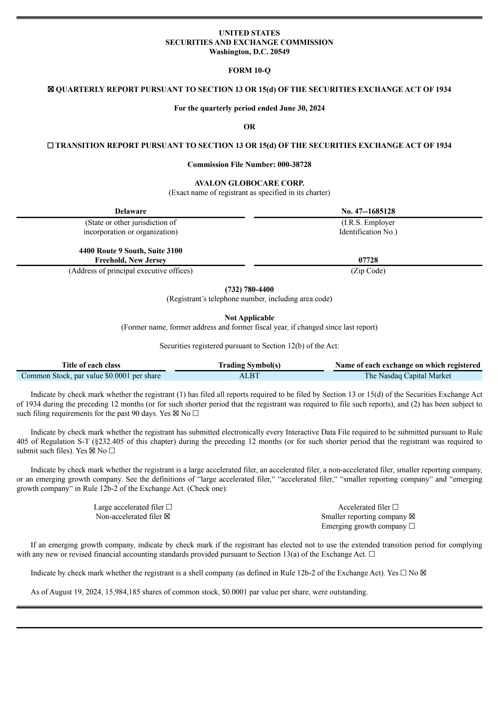 Avalon GloboCare's Q2 2024 Quarterly report
