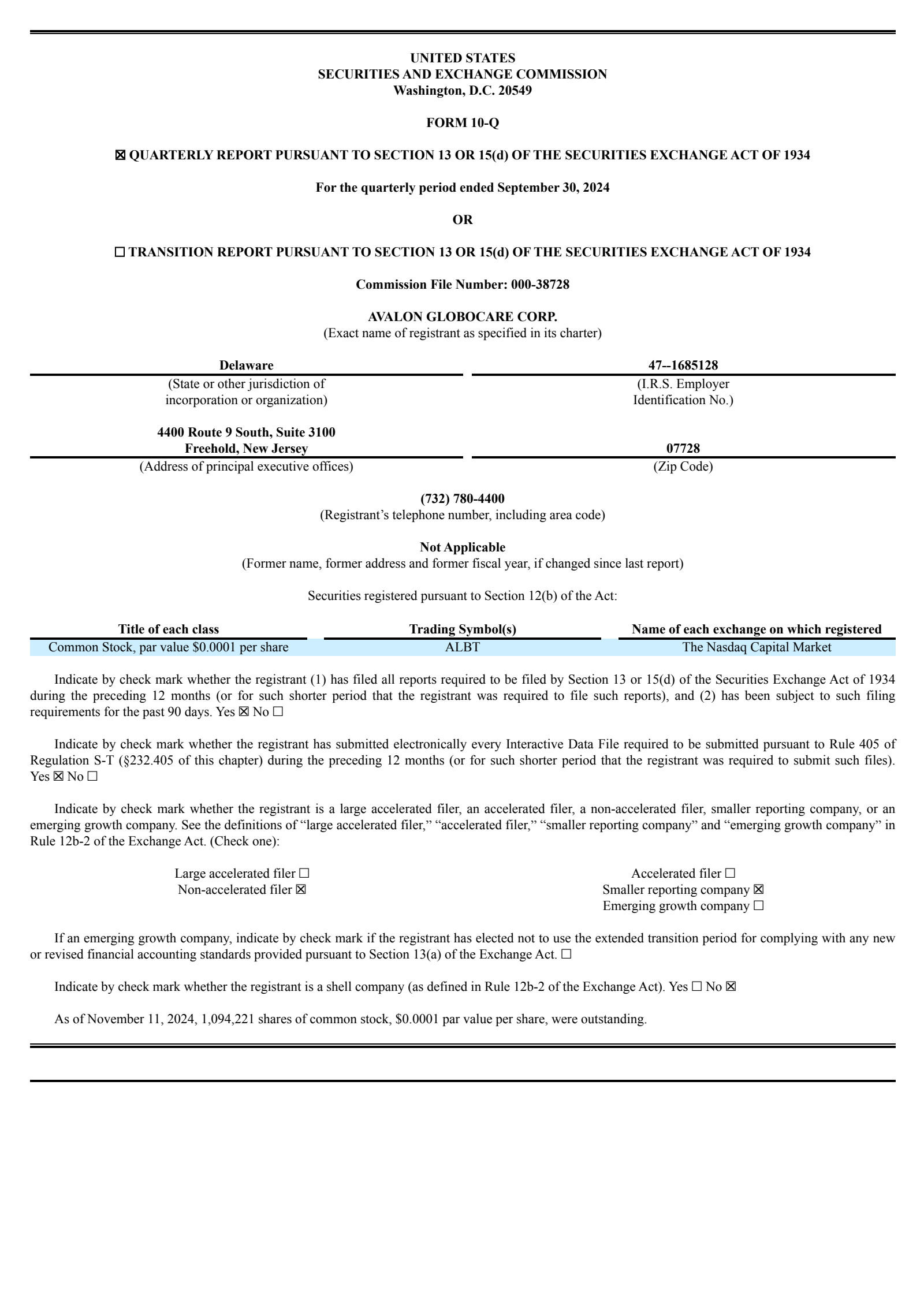 Avalon GloboCare's Q3 2024 Quarterly report