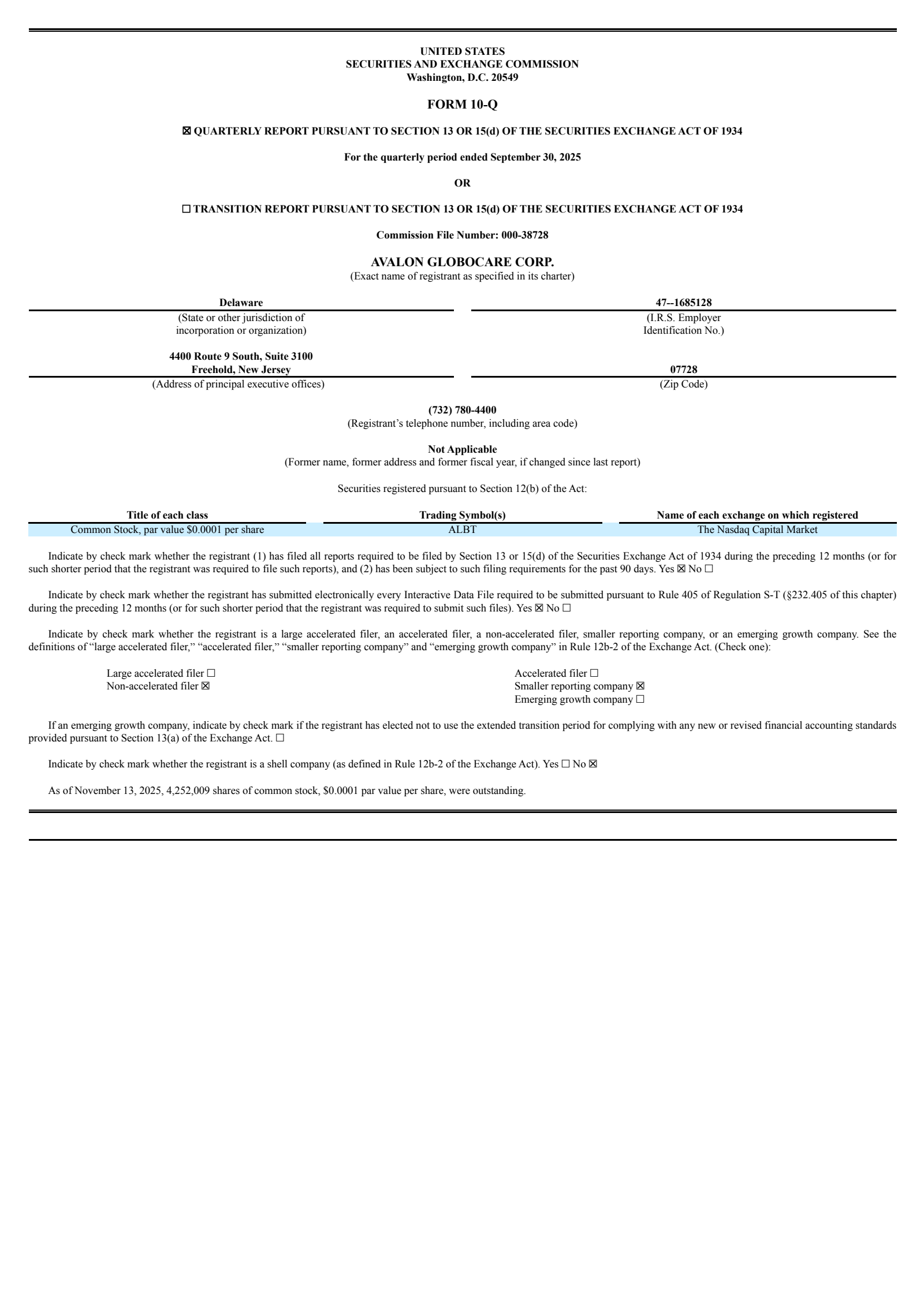Avalon GloboCare's Q3 2025 Quarterly report