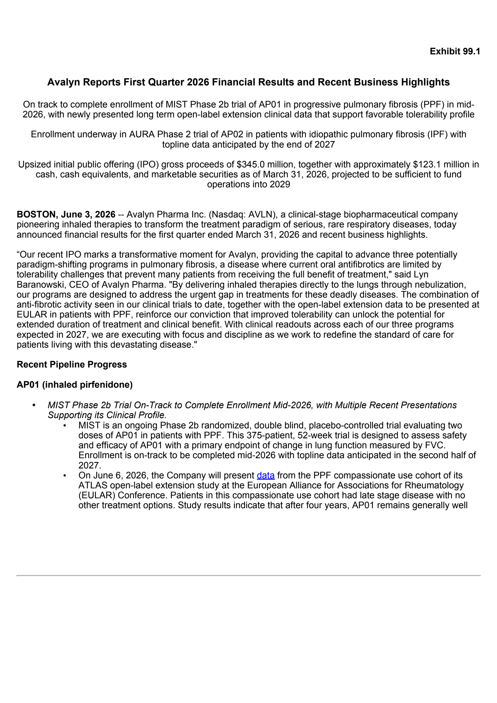 Avalyn Pharma's Q1 2026 Press Release