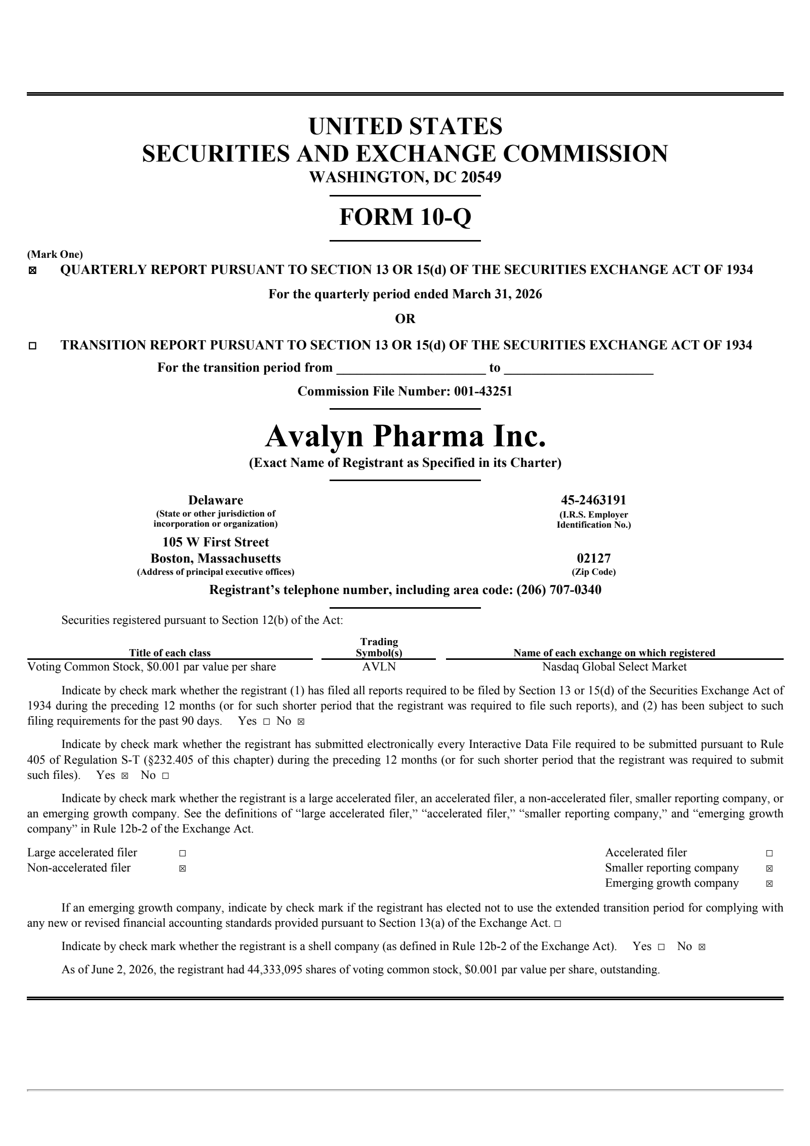 Avalyn Pharma's Q1 2026 Quarterly report