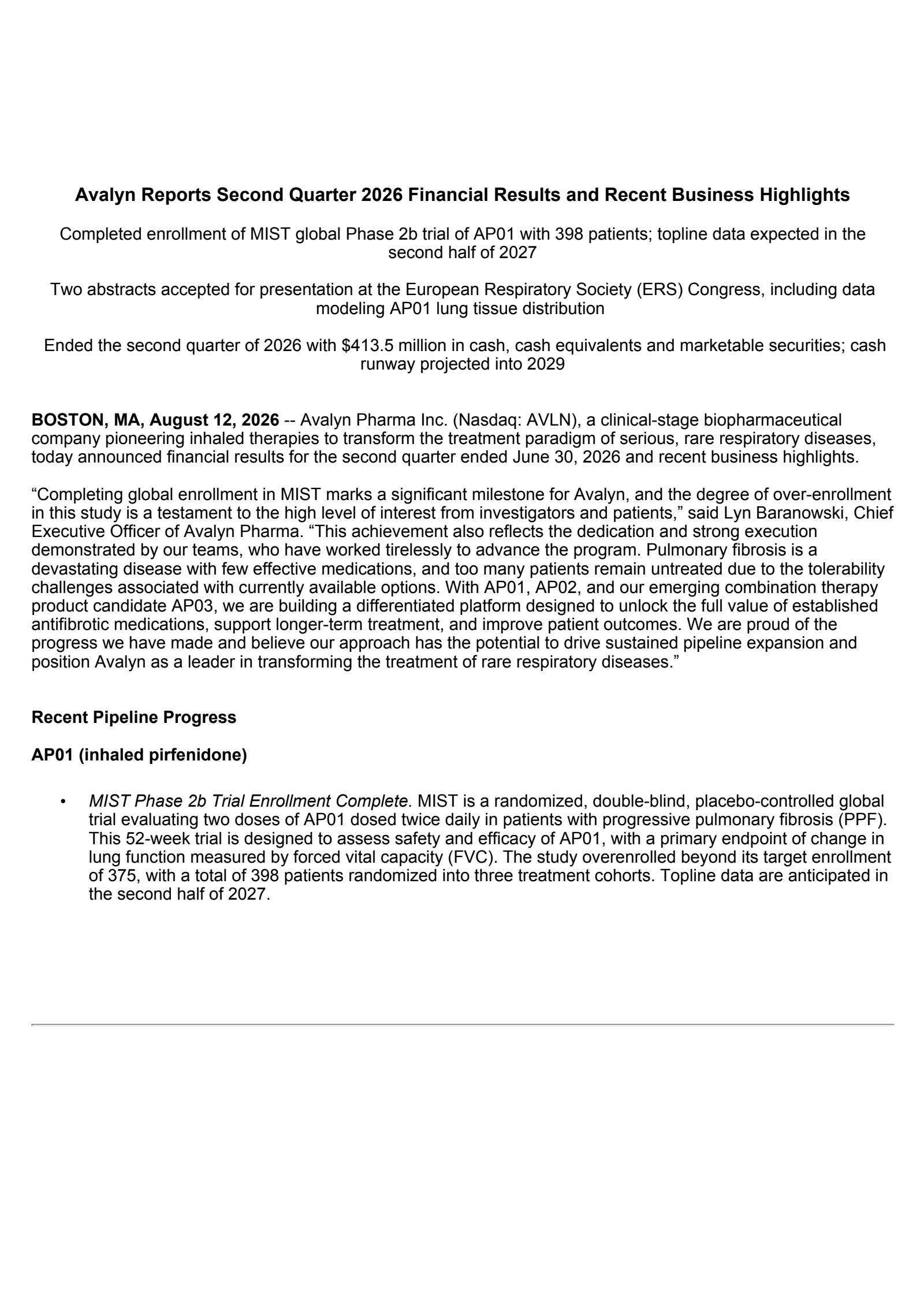 Avalyn Pharma's Q2 2026 Press Release