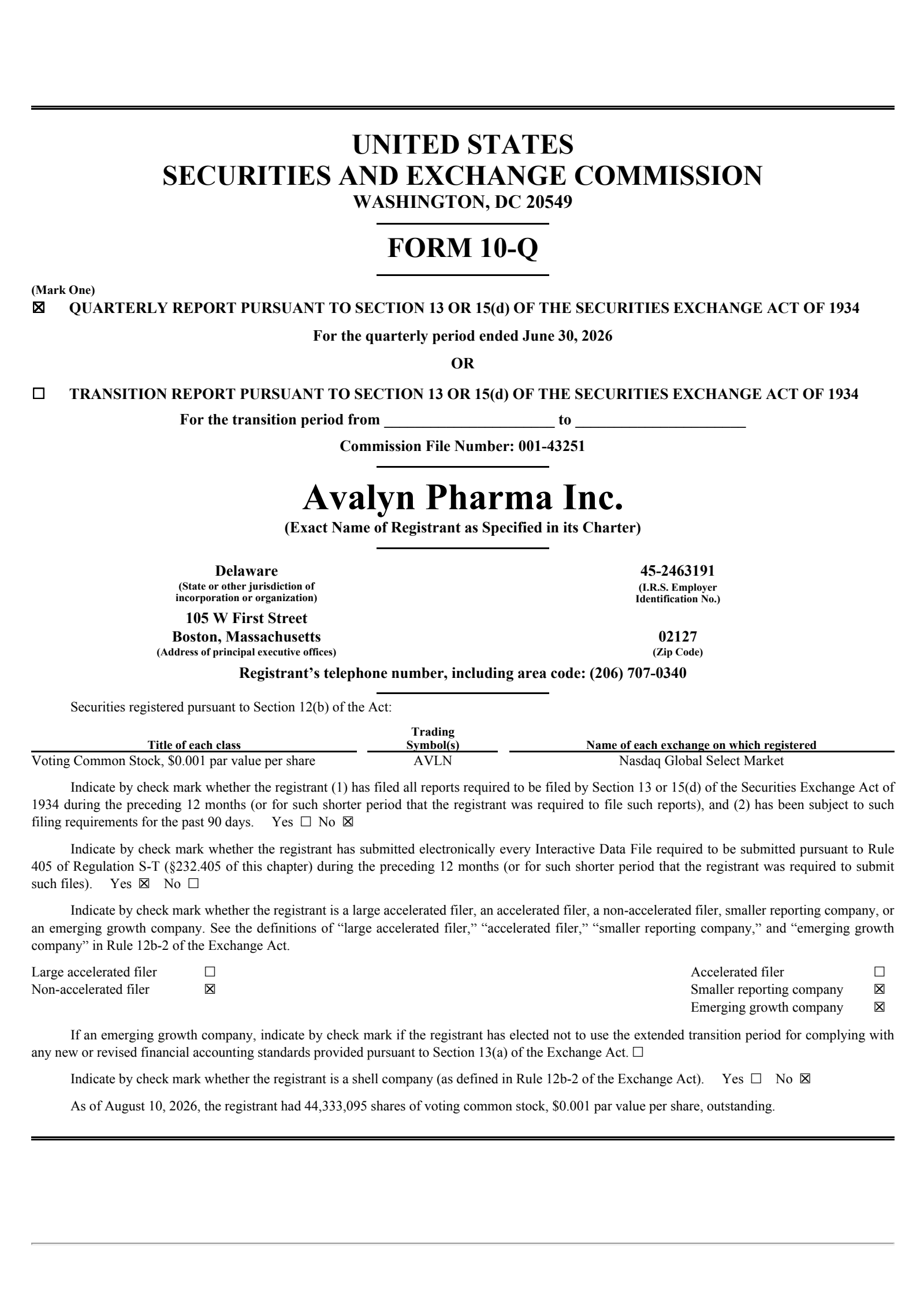Avalyn Pharma's Q2 2026 Quarterly report