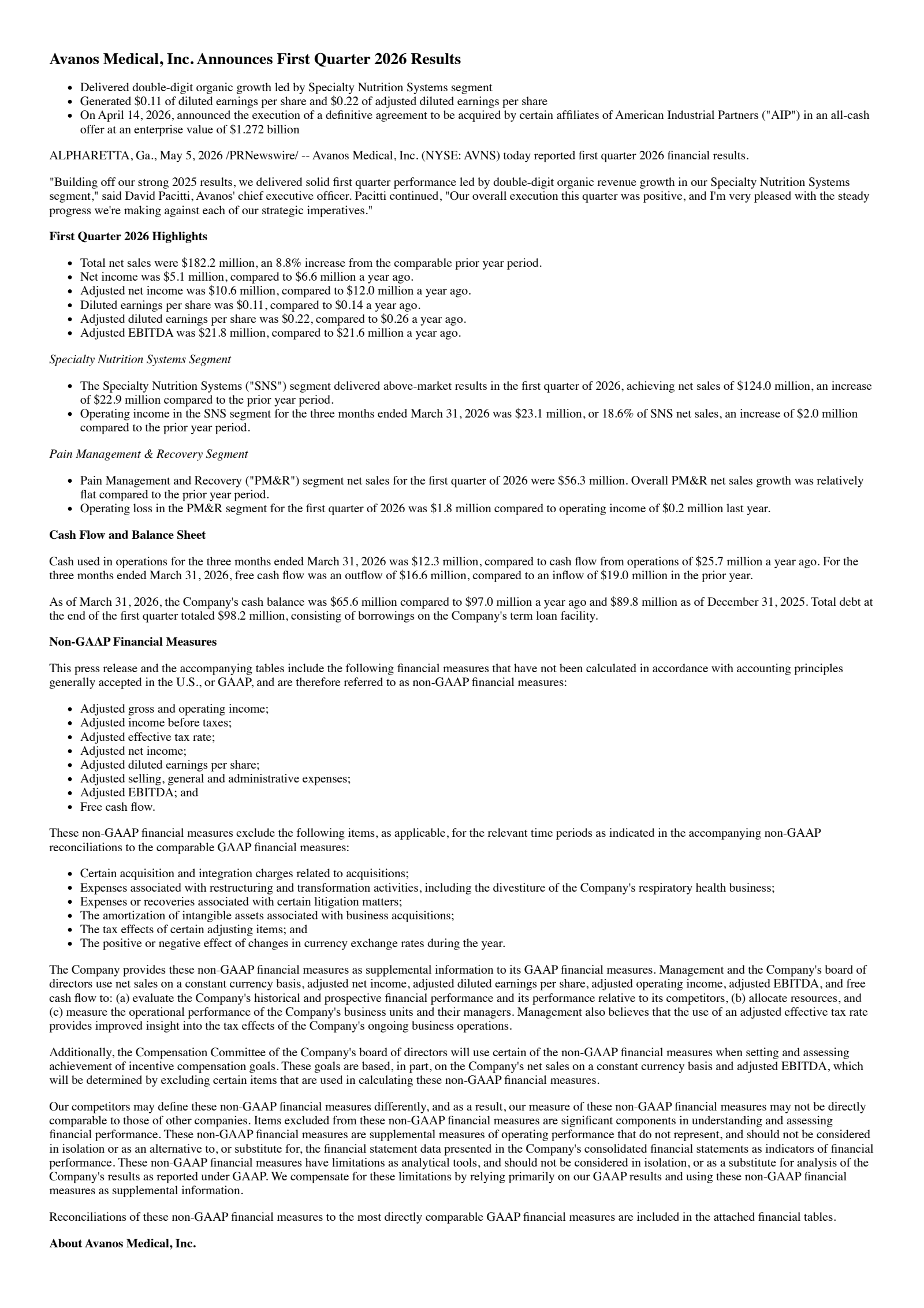 Avanos Medical's Q1 2026 Press Release