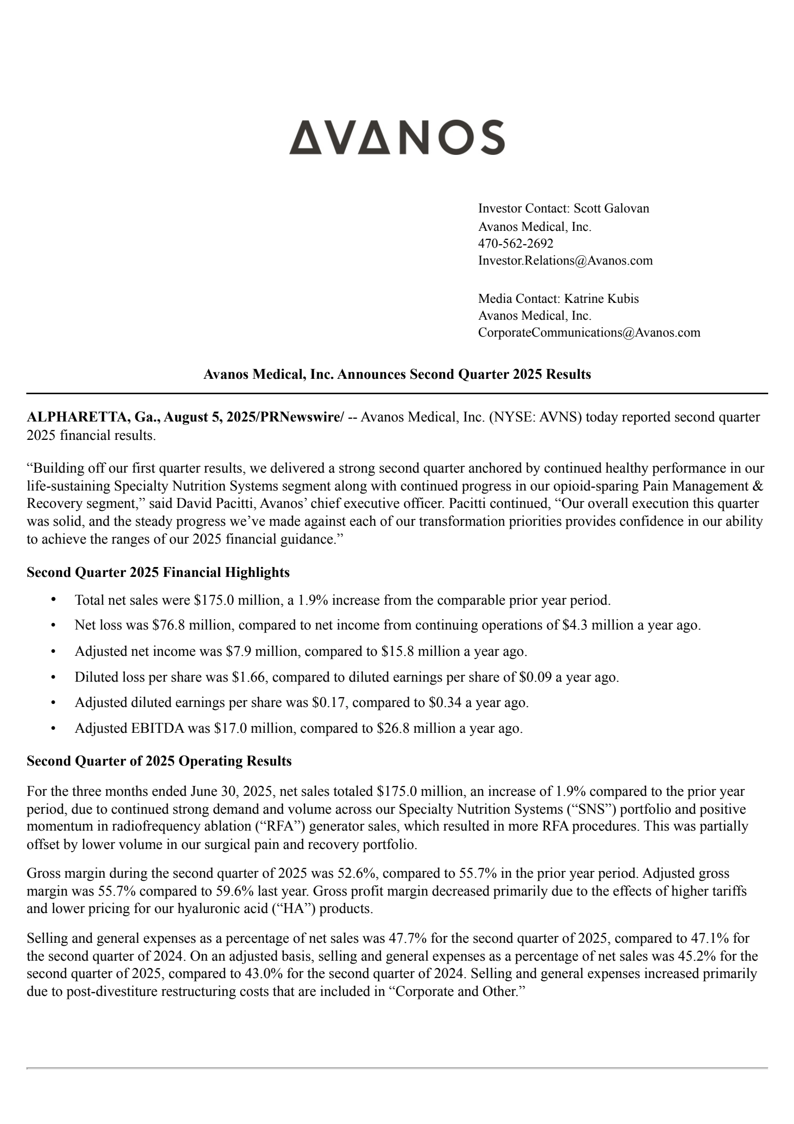Avanos Medical's Q2 2025 Press Release