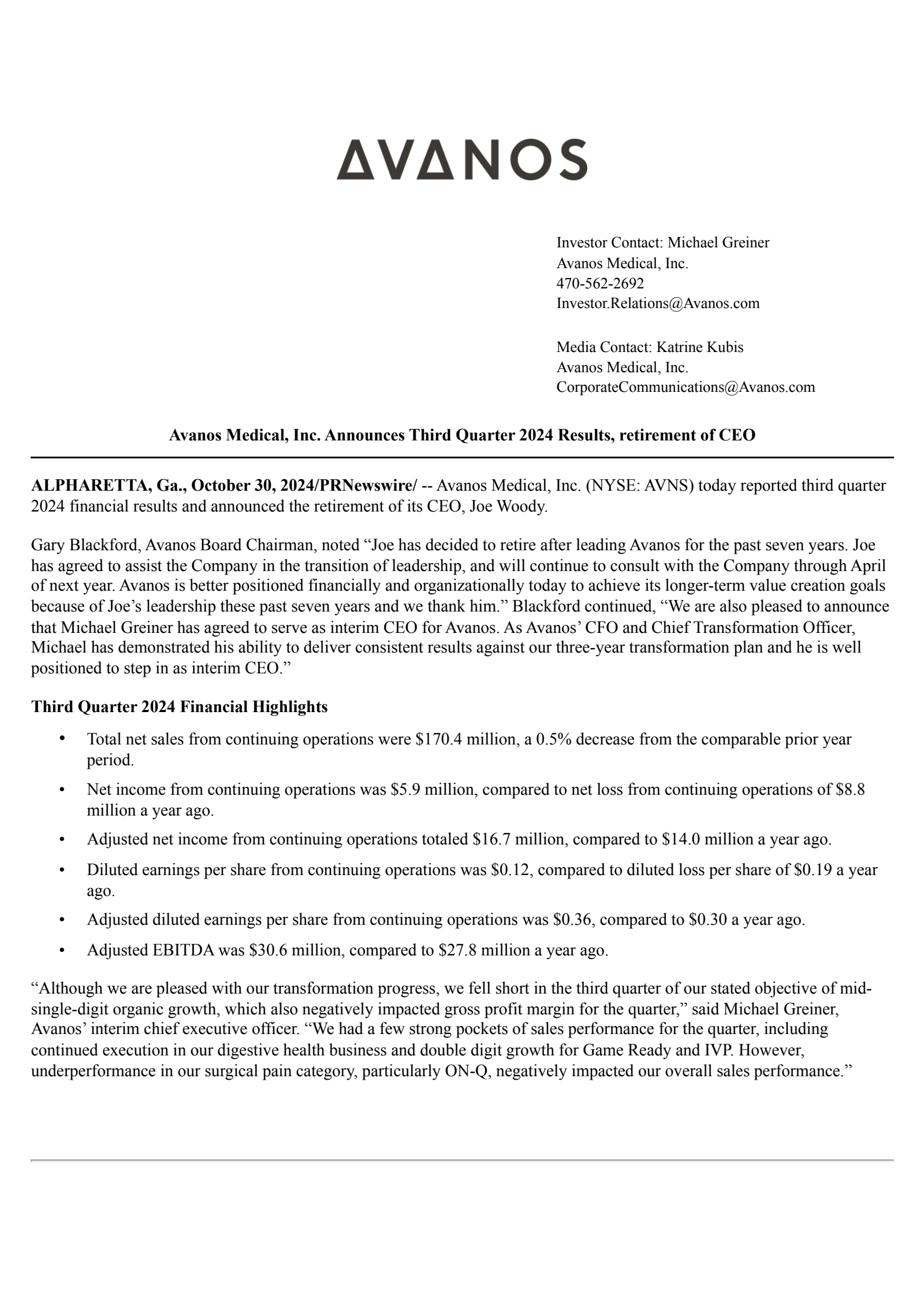 AVANOS MEDICAL's Q3 2024 Press Release