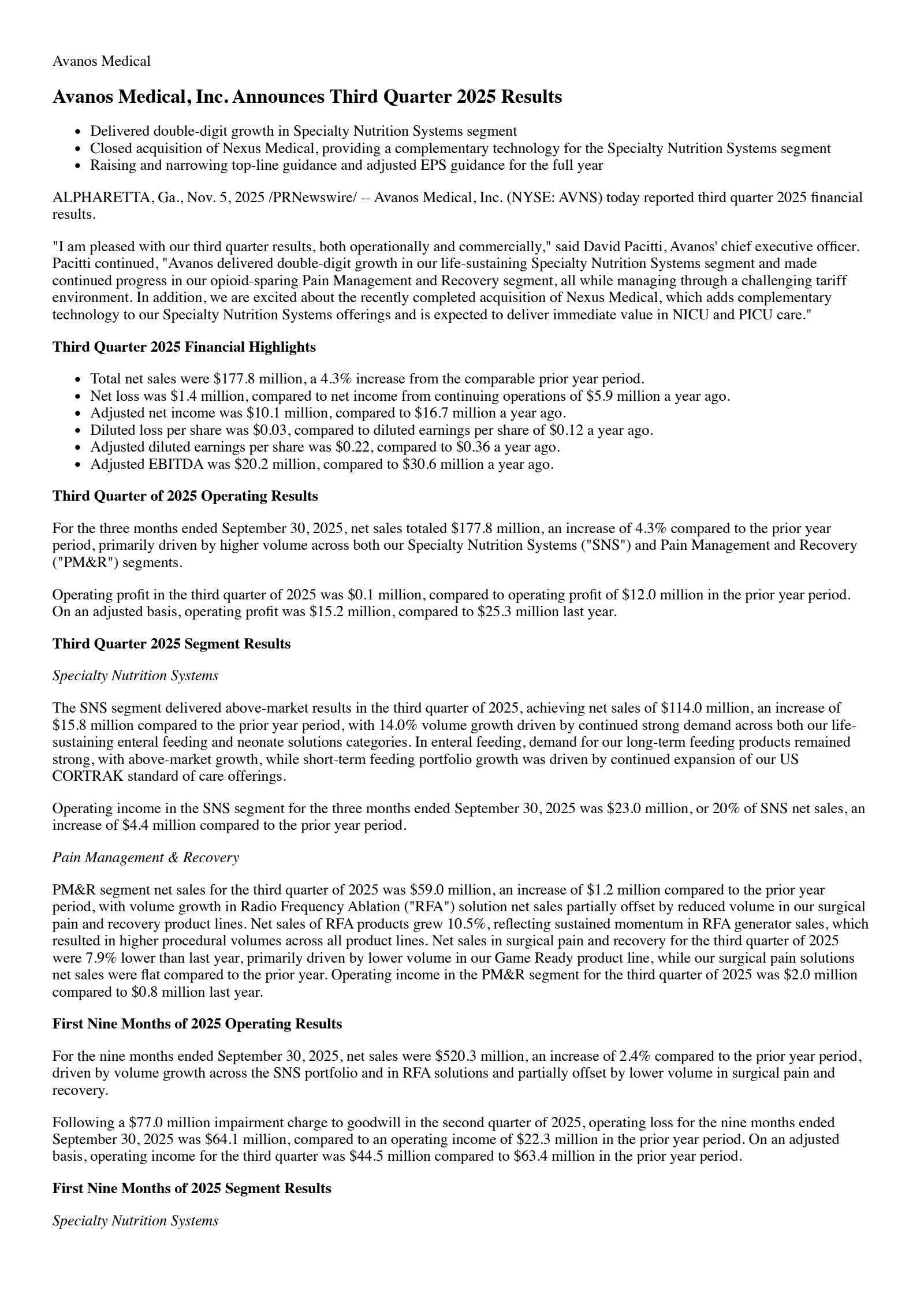 Avanos Medical's Q3 2025 Earnings Release