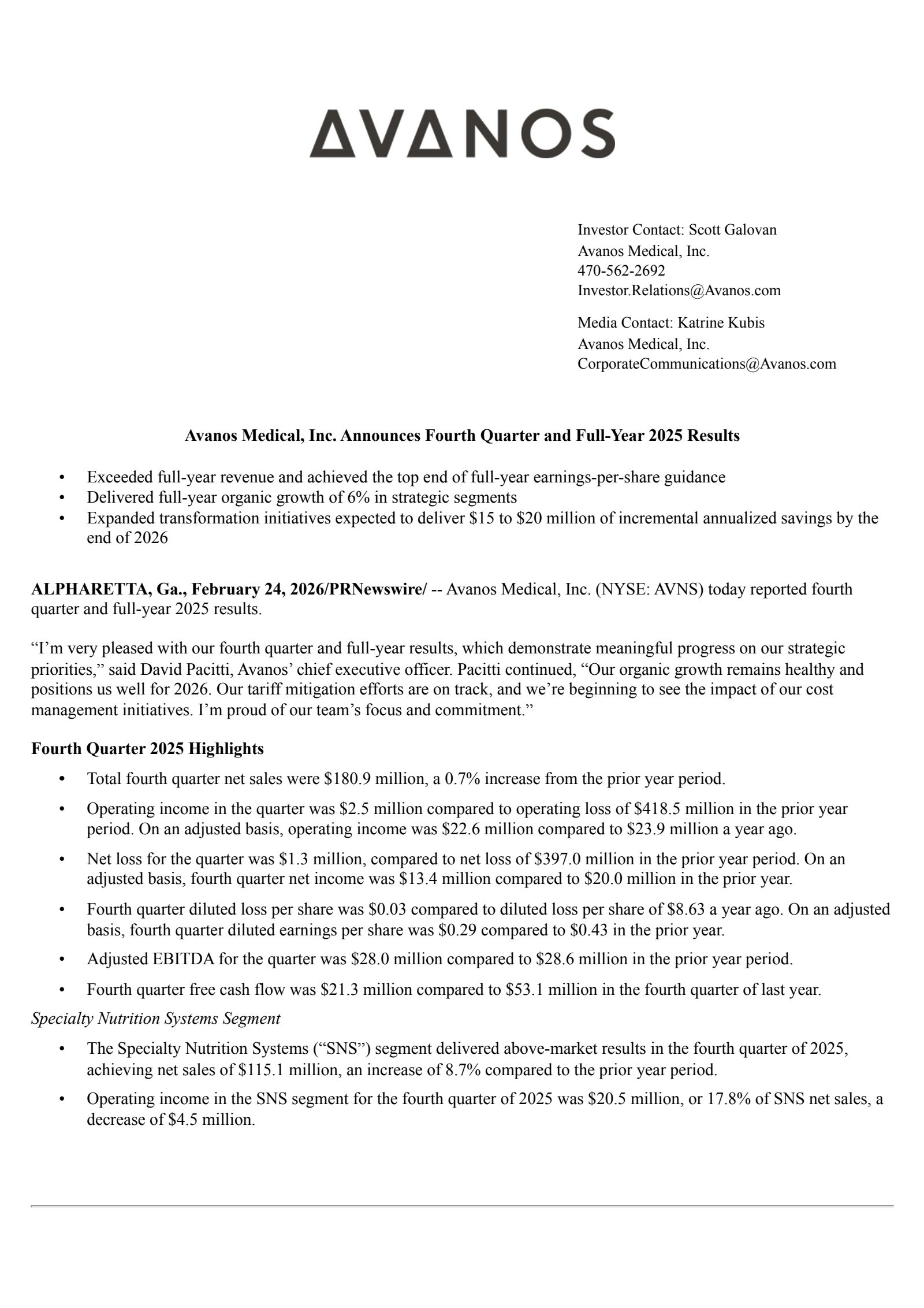 Avanos Medical's Q4 2025 Press Release