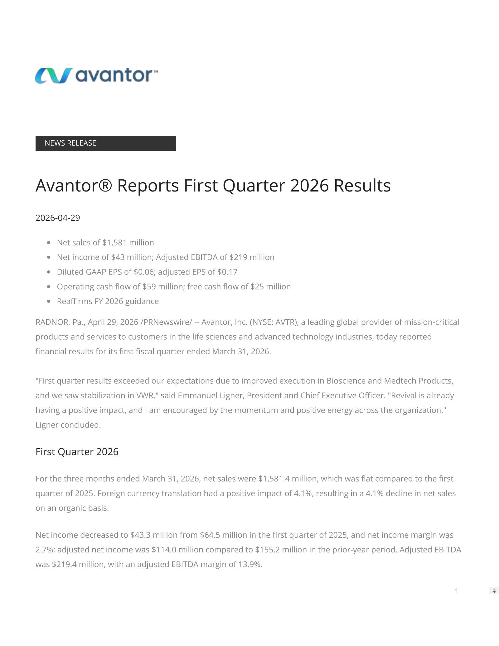 Avantor's Q1 2026 Press Release