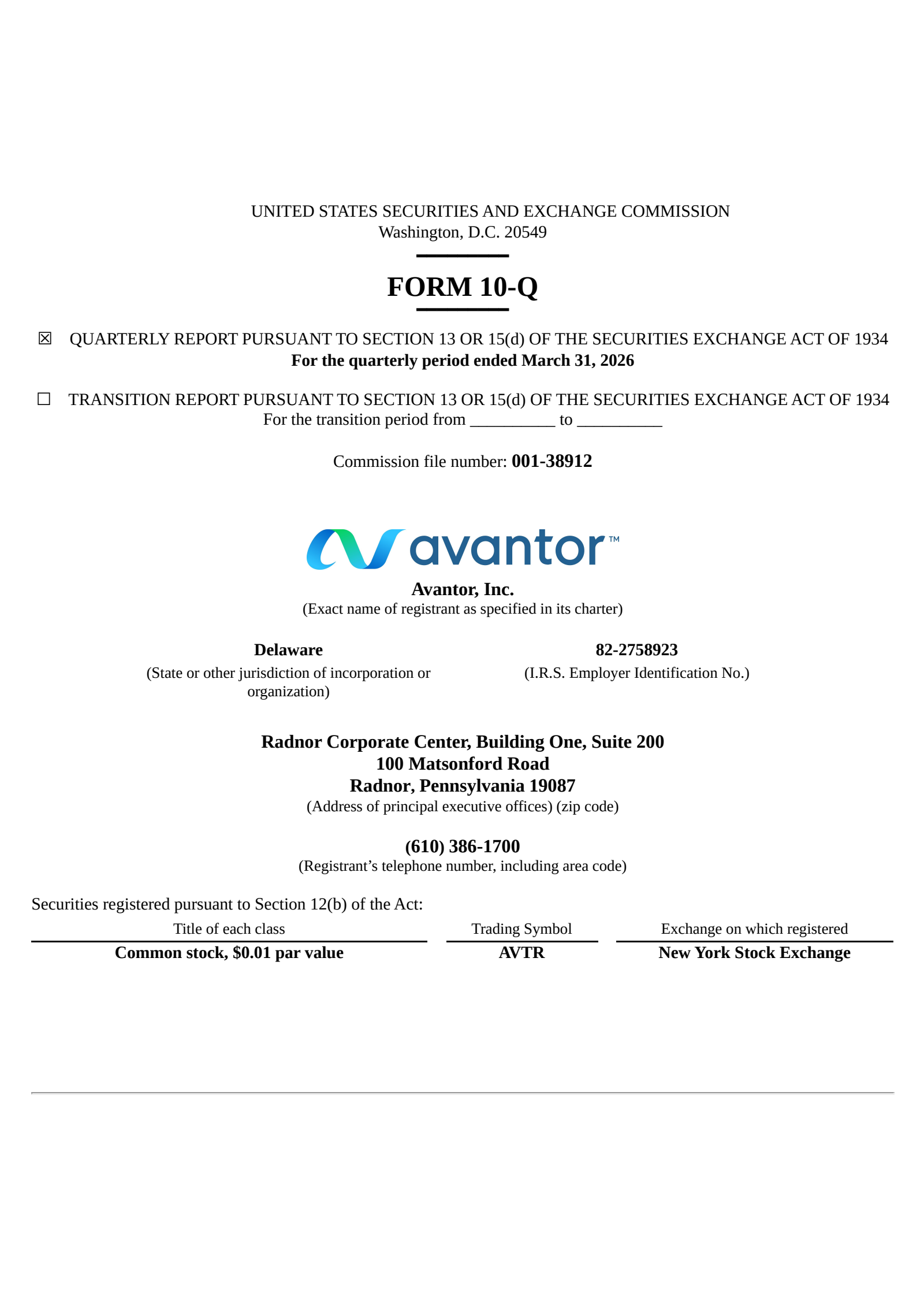Avantor's Q1 2026 Quarterly report