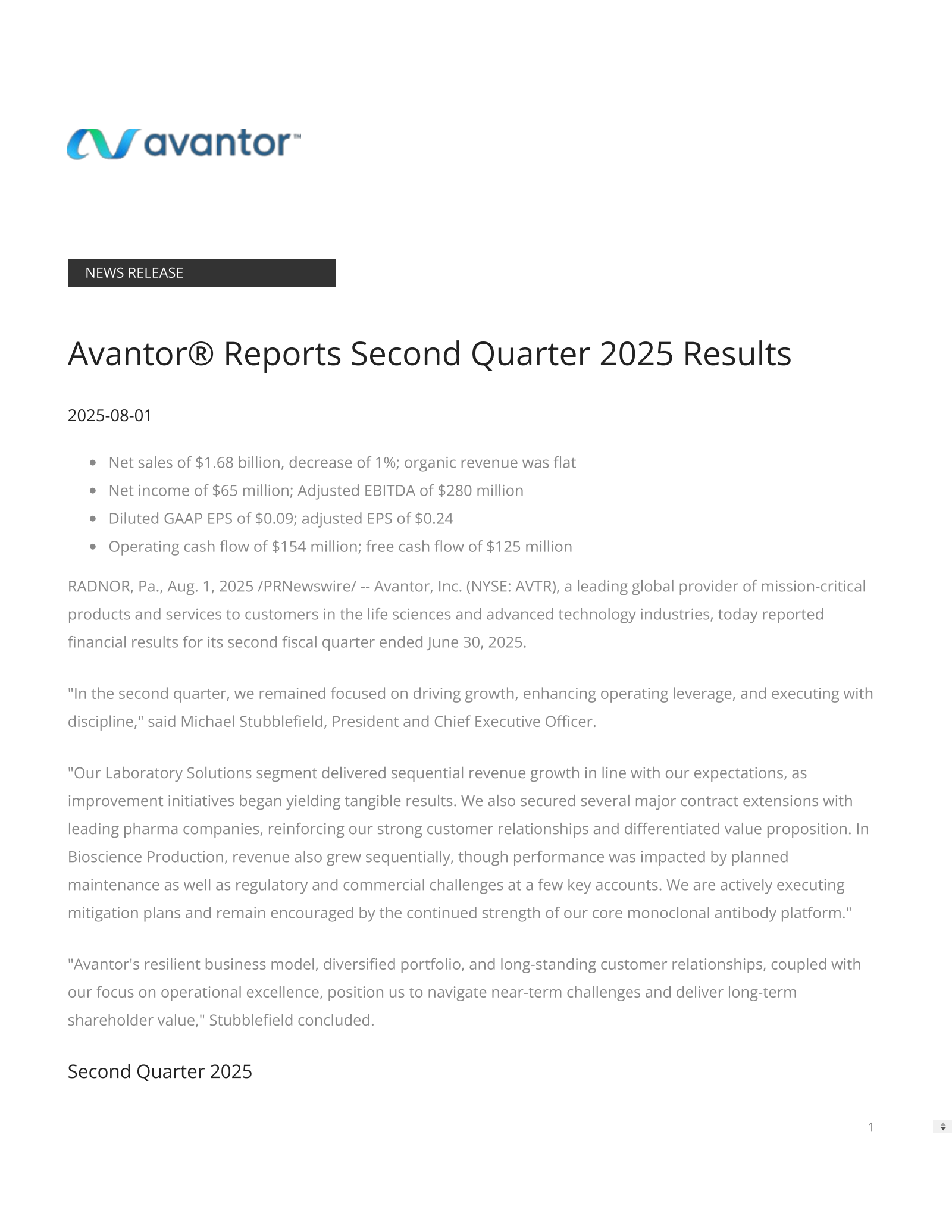 Avantor's Q2 2025 Press Release