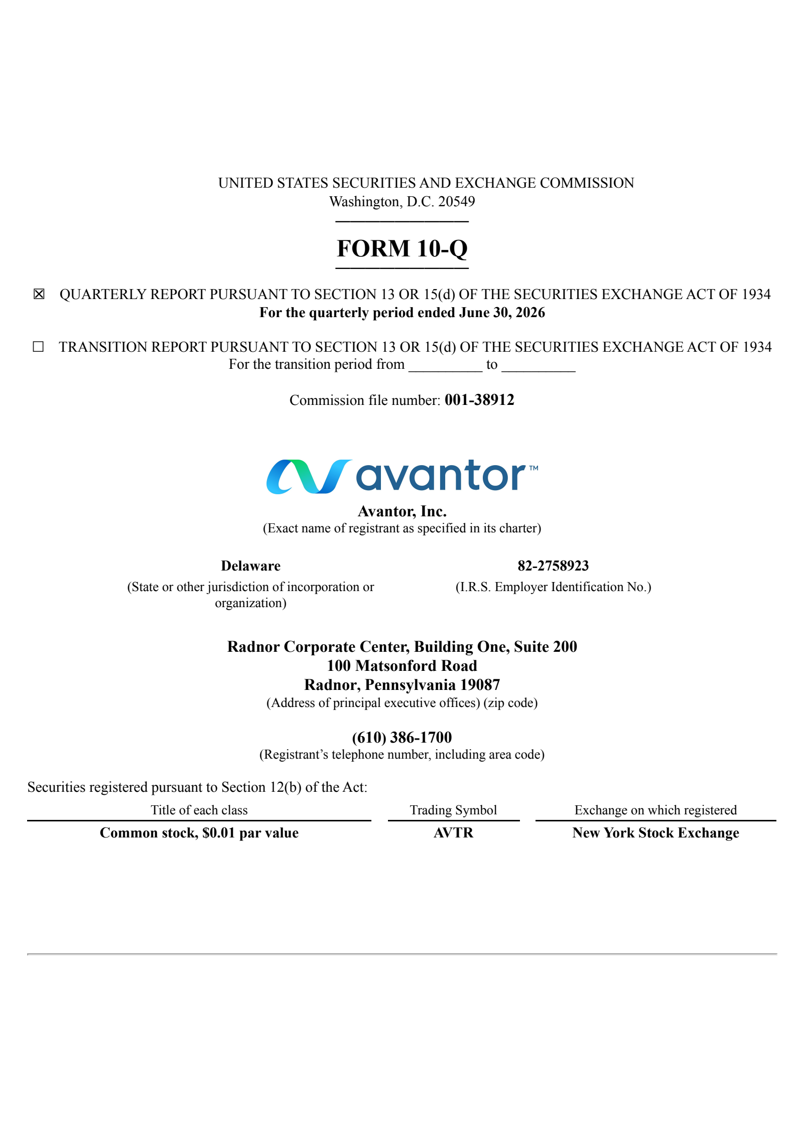Avantor's Q2 2026 Quarterly report