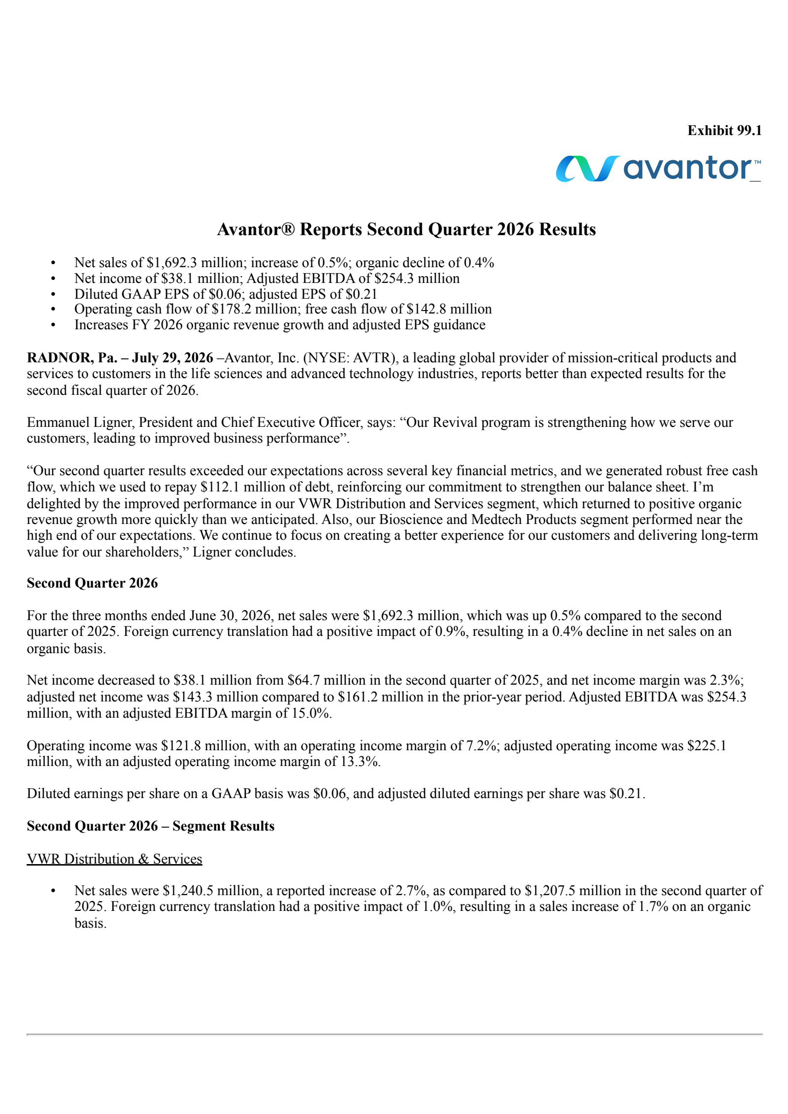 Avantor's Q2 2026 Press Release