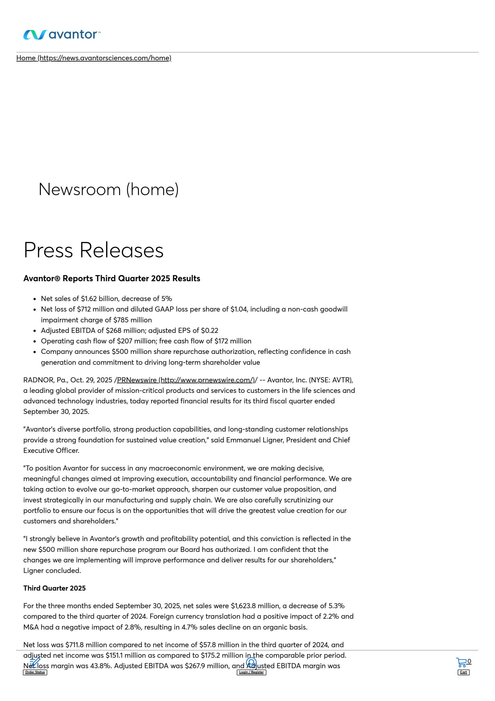Avantor's Q3 2025 Earnings Release