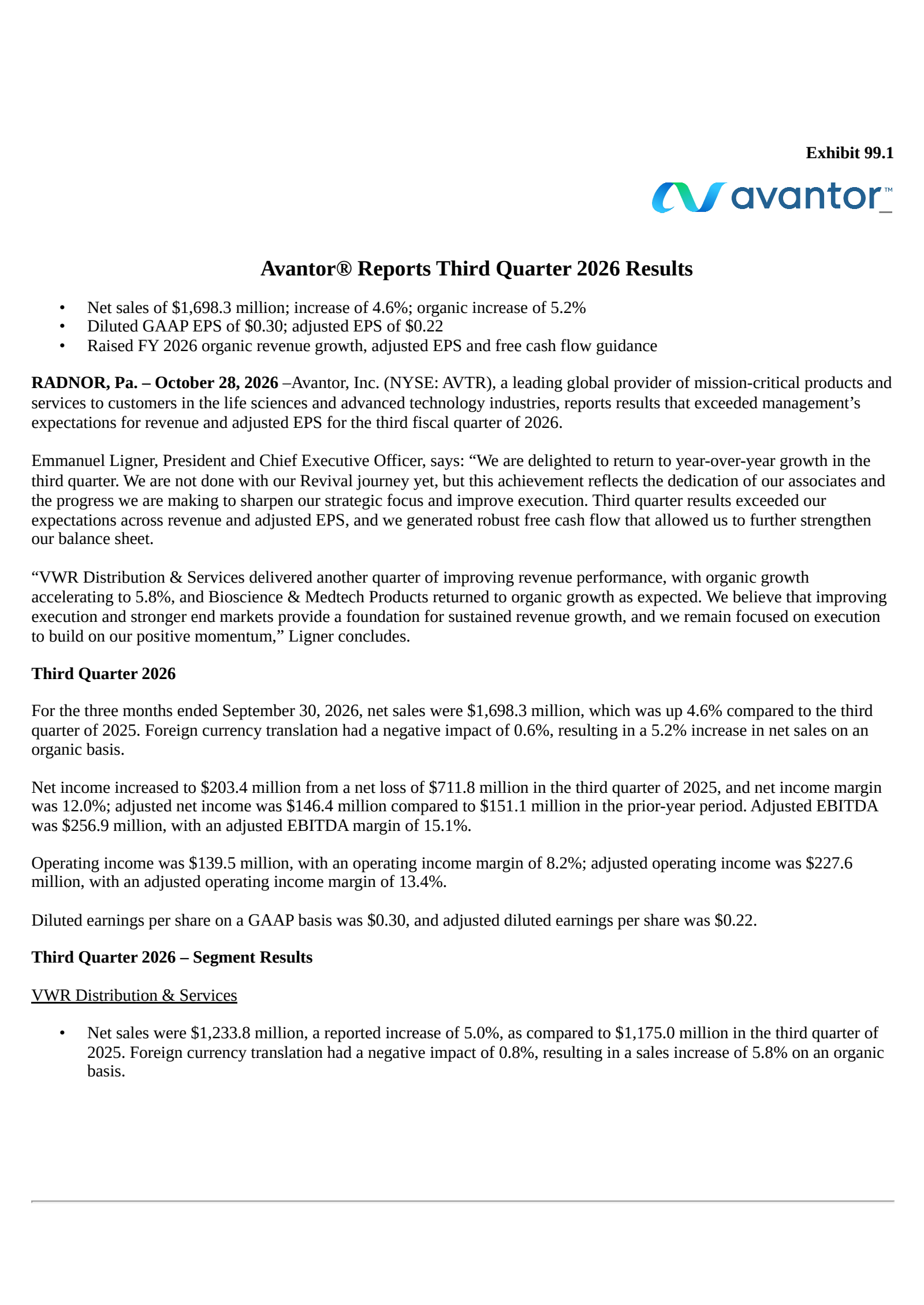 Avantor (AVTR) Q3 2026 Earnings Results & Call Transcript