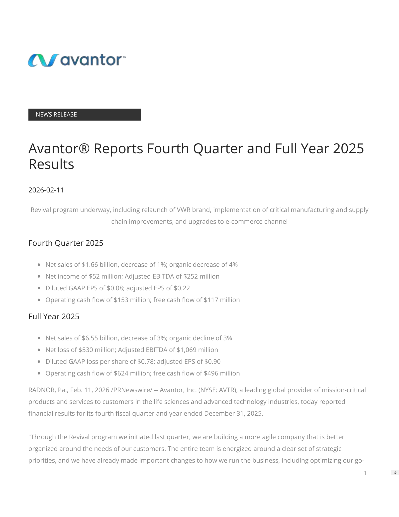 Avantor's Q4 2025 Press Release