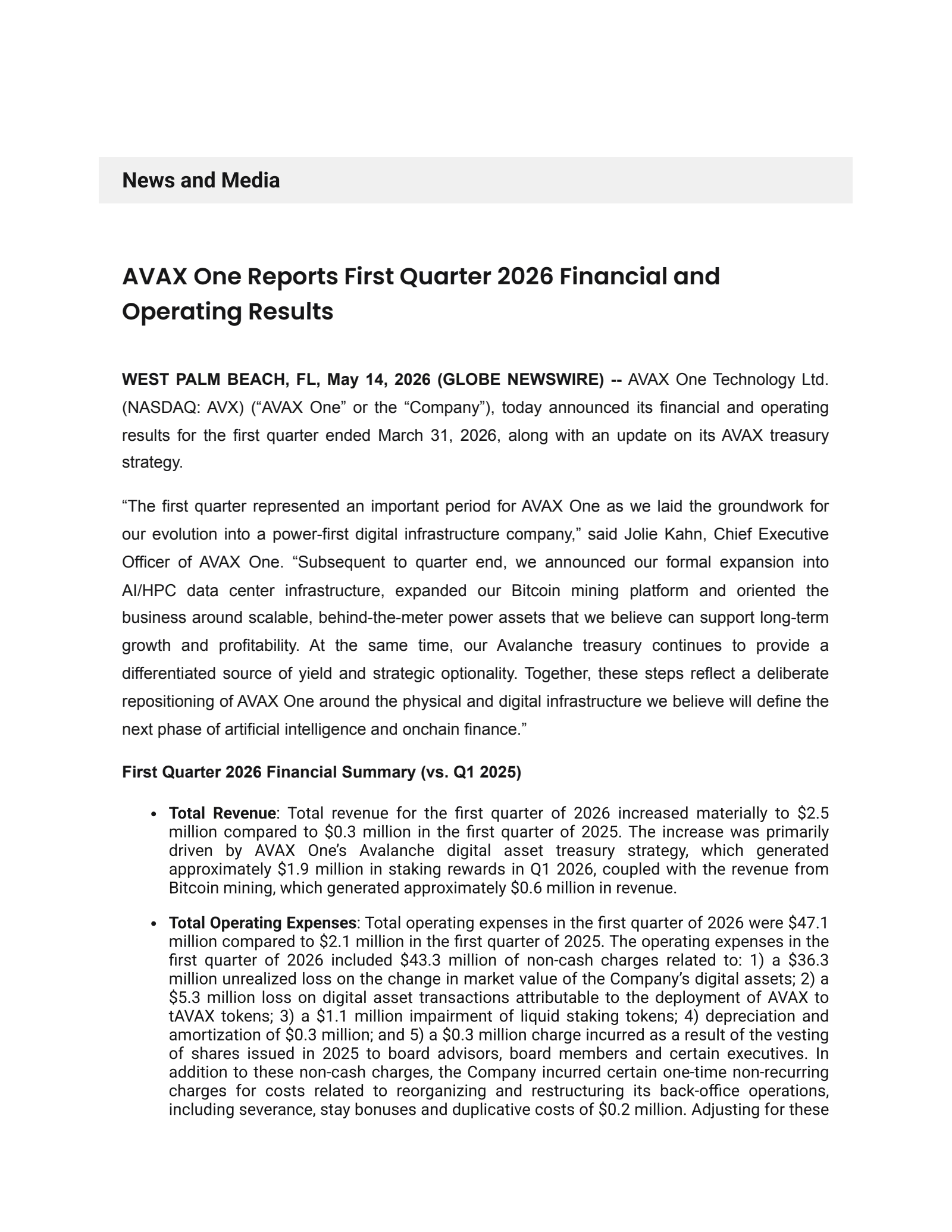 Avax One Technology Ltd. Common Shares' Q1 2026 Press Release