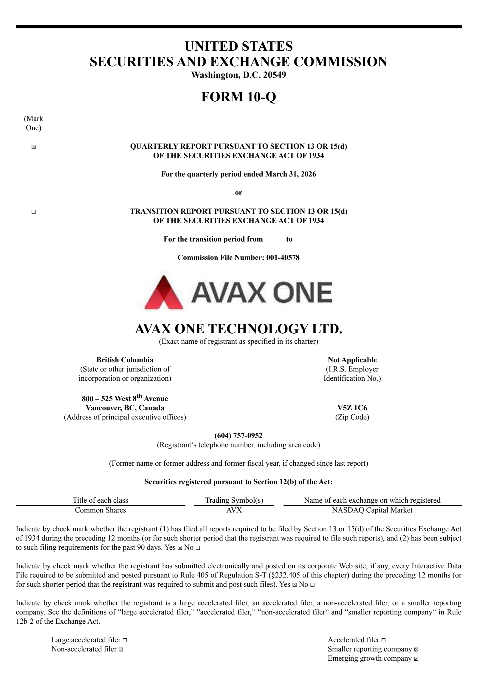 Avax One Technology Ltd. Common Shares' Q1 2026 Quarterly report