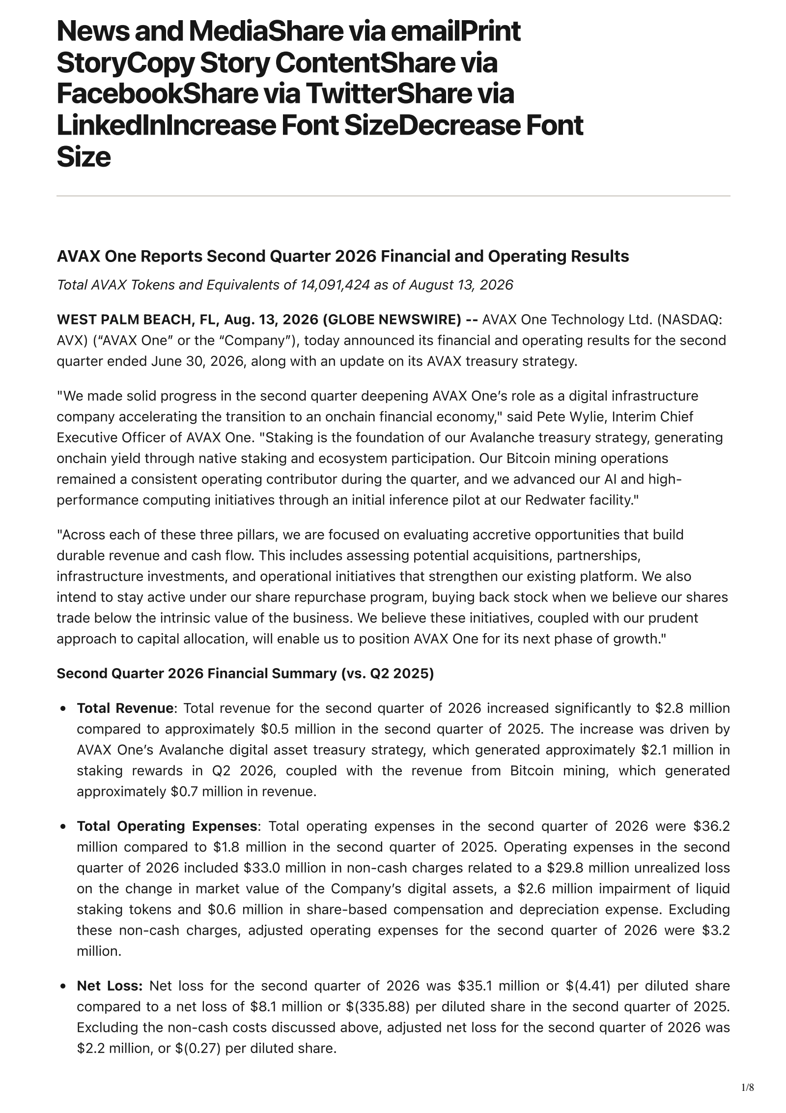 Avax One Technology Ltd. Common Shares' Q2 2026 Press Release