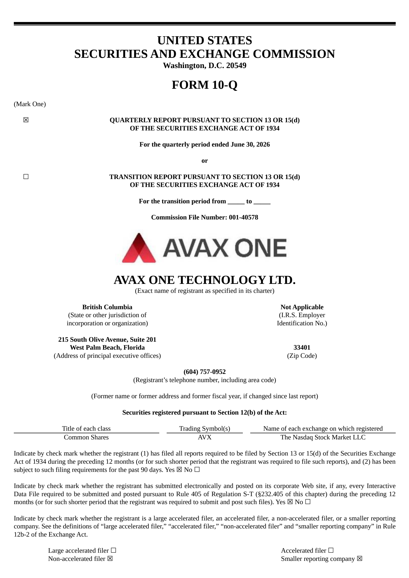 Avax One Technology Ltd. Common Shares' Q2 2026 Quarterly report