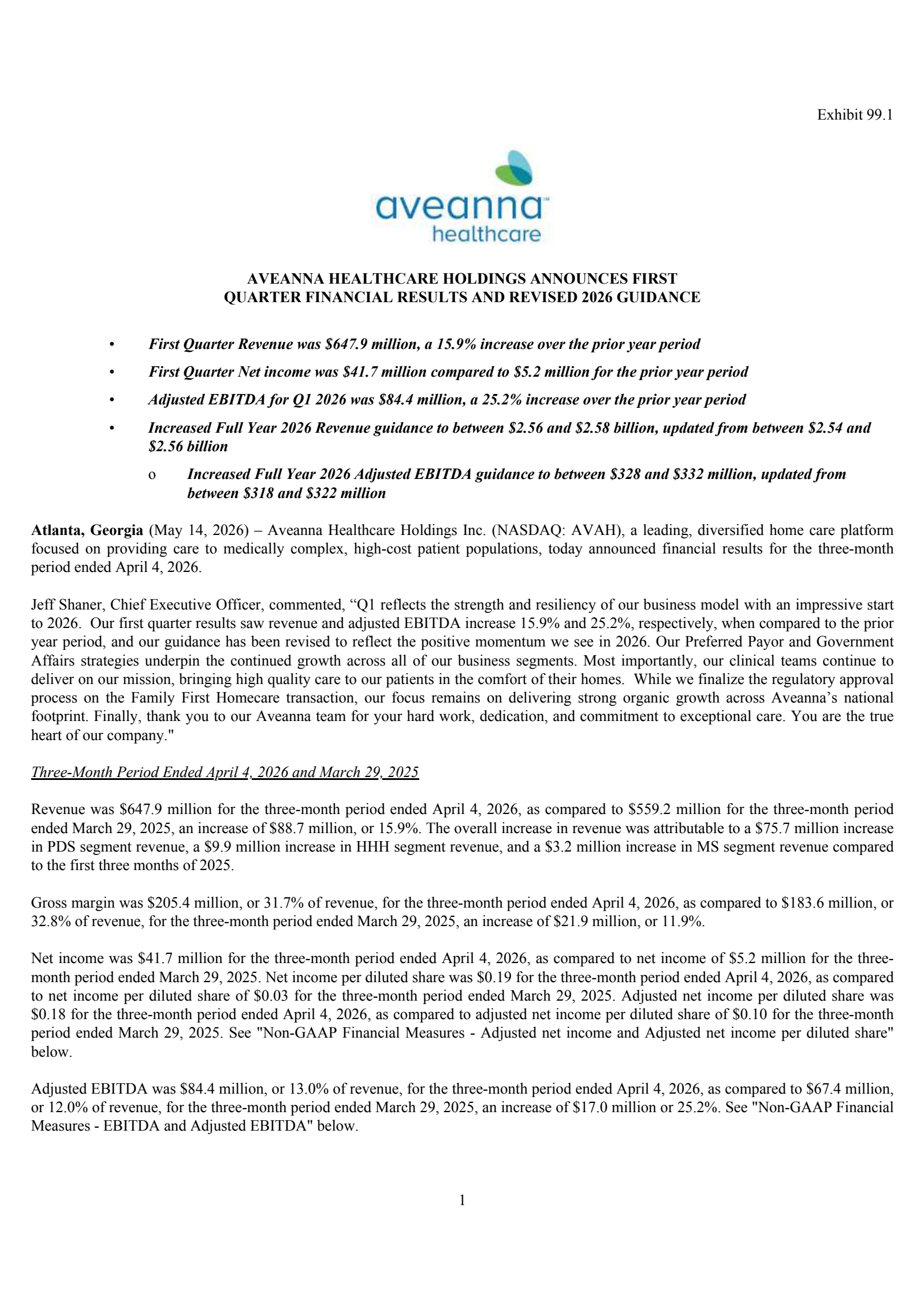 Aveanna Healthcare's Q1 2026 Press Release