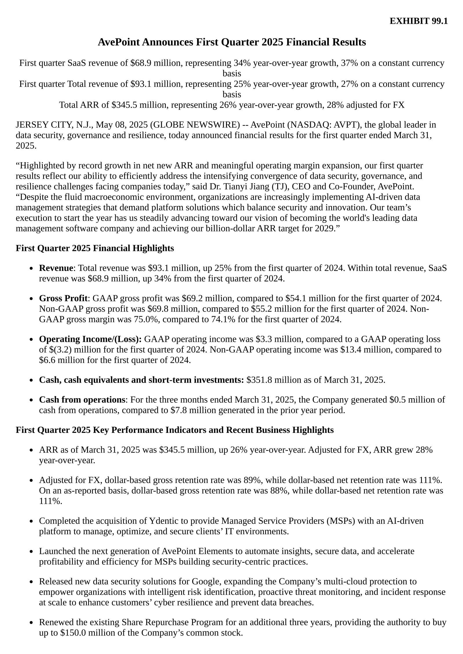 AvePoint's Q1 2025 Press Release