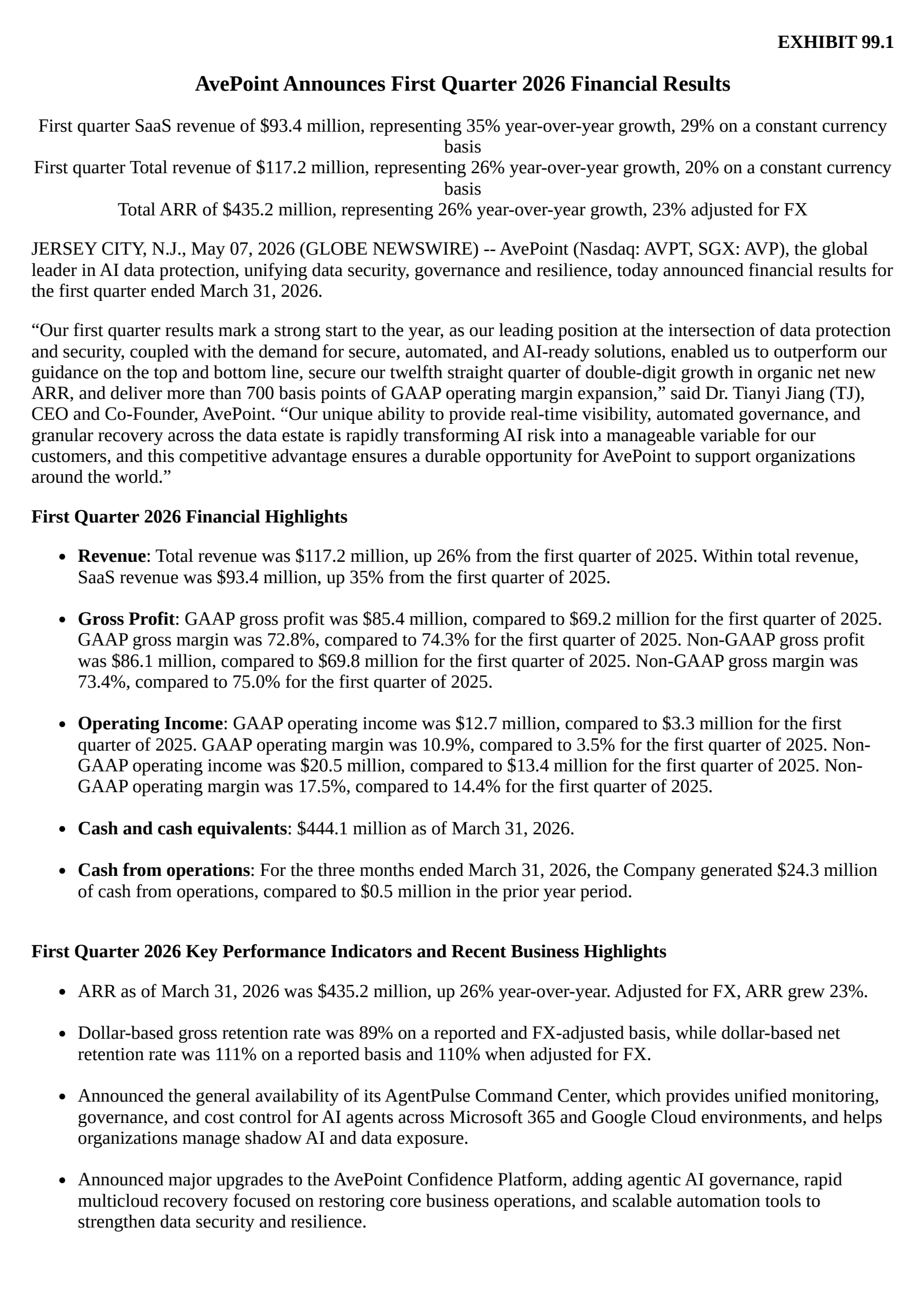 AvePoint's Q1 2026 Press Release