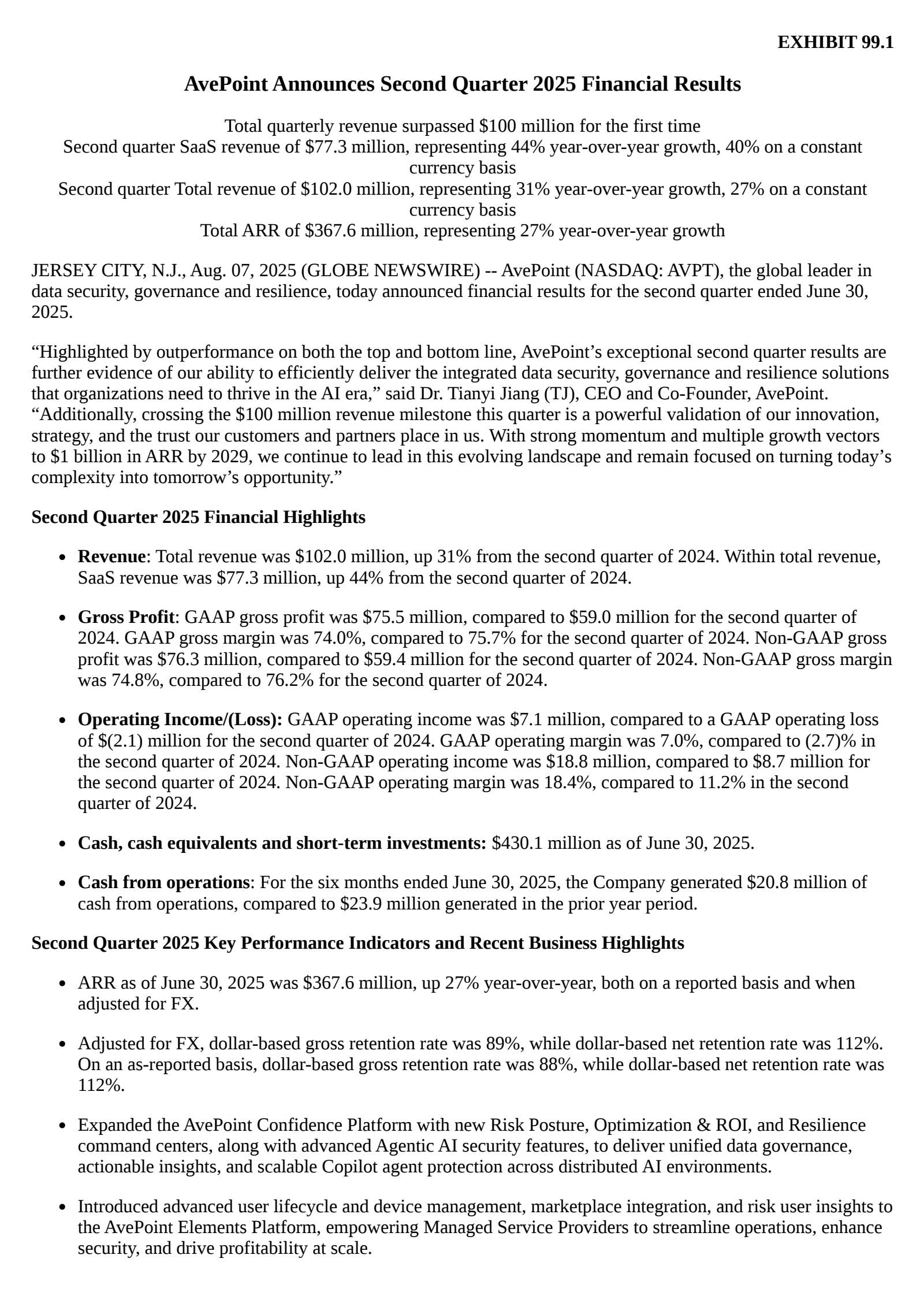 AvePoint's Q2 2025 Press Release