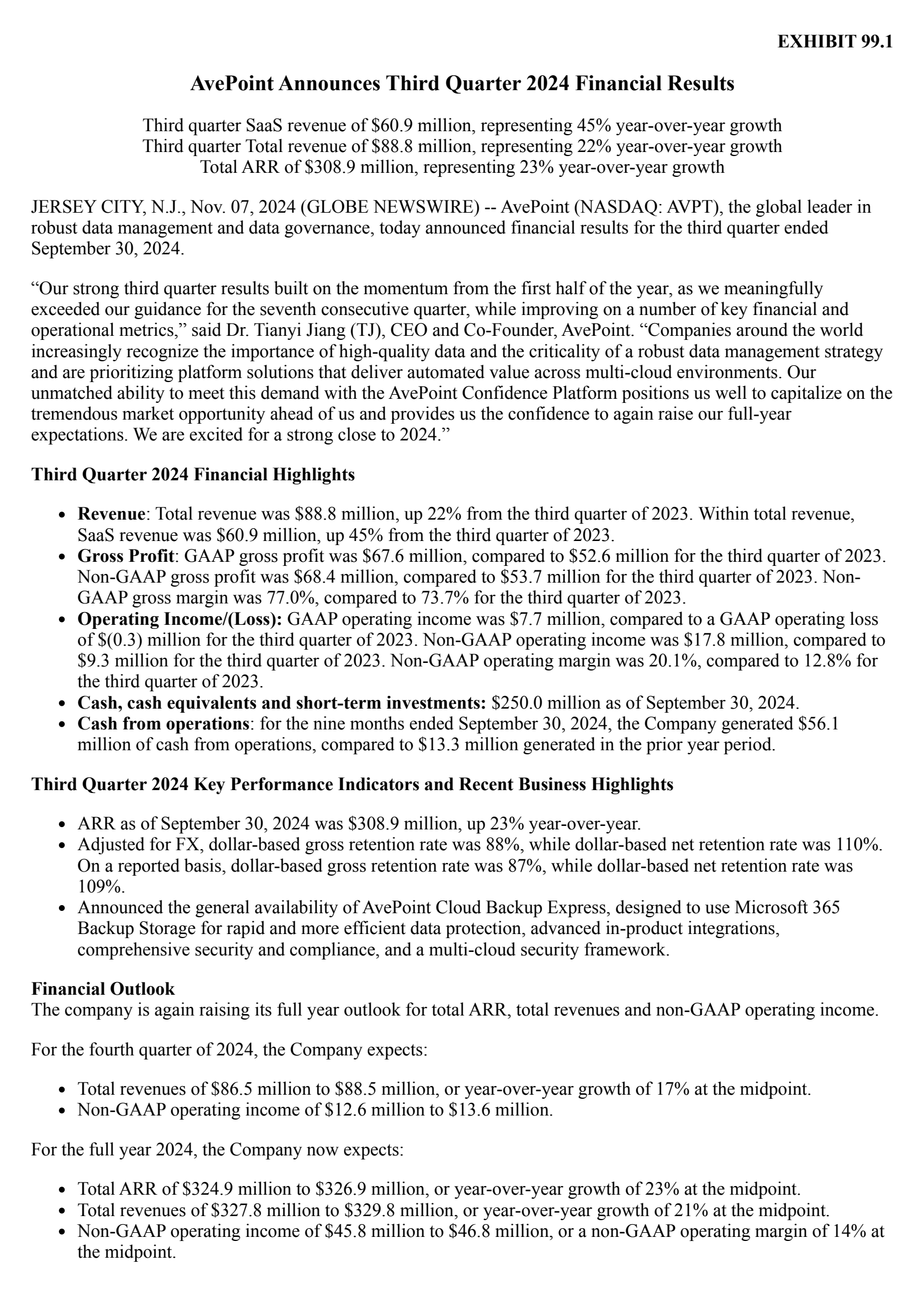 AvePoint's Q3 2024 Press Release