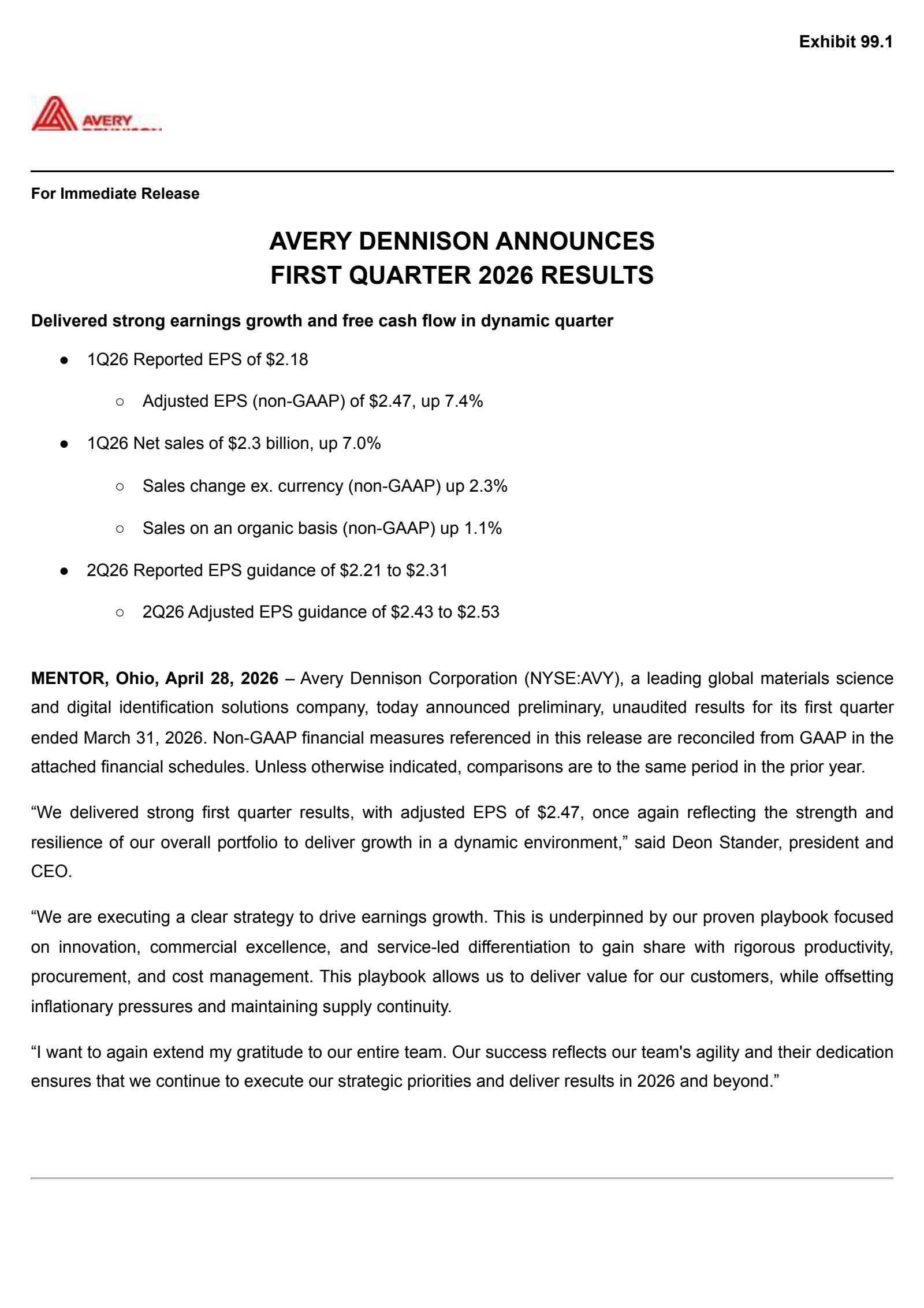 Avery Dennison's Q1 2026 Press Release