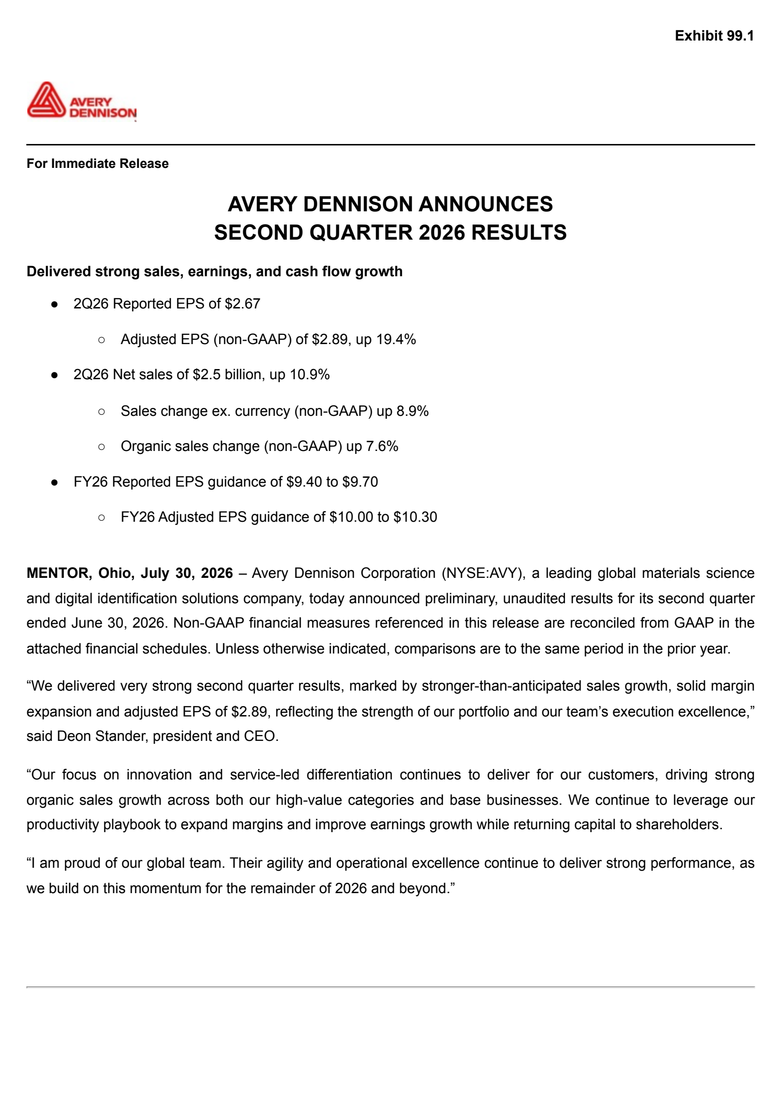 Avery Dennison's Q2 2026 Press Release