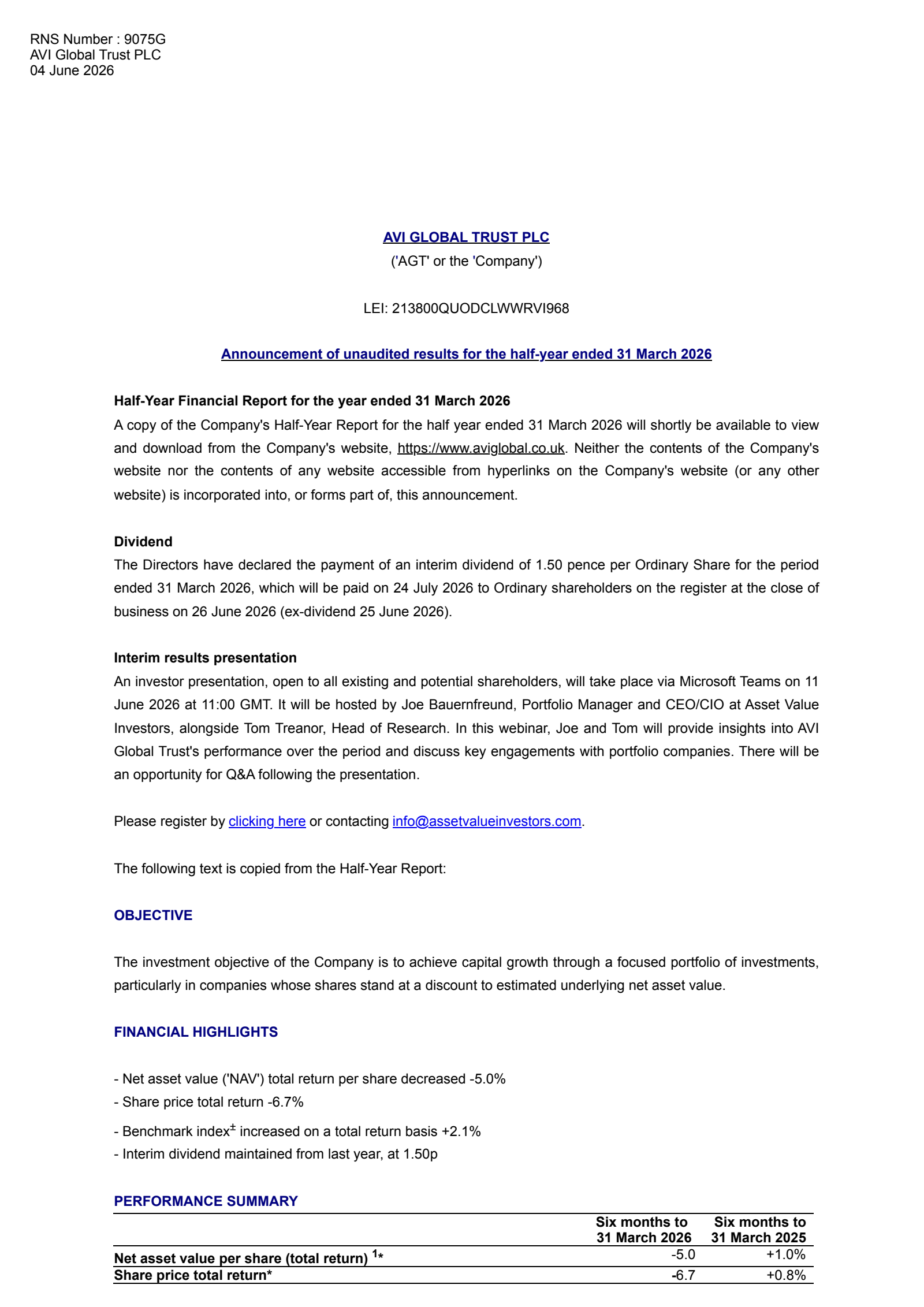 AVI Global Trust's H1 2026 Press Release