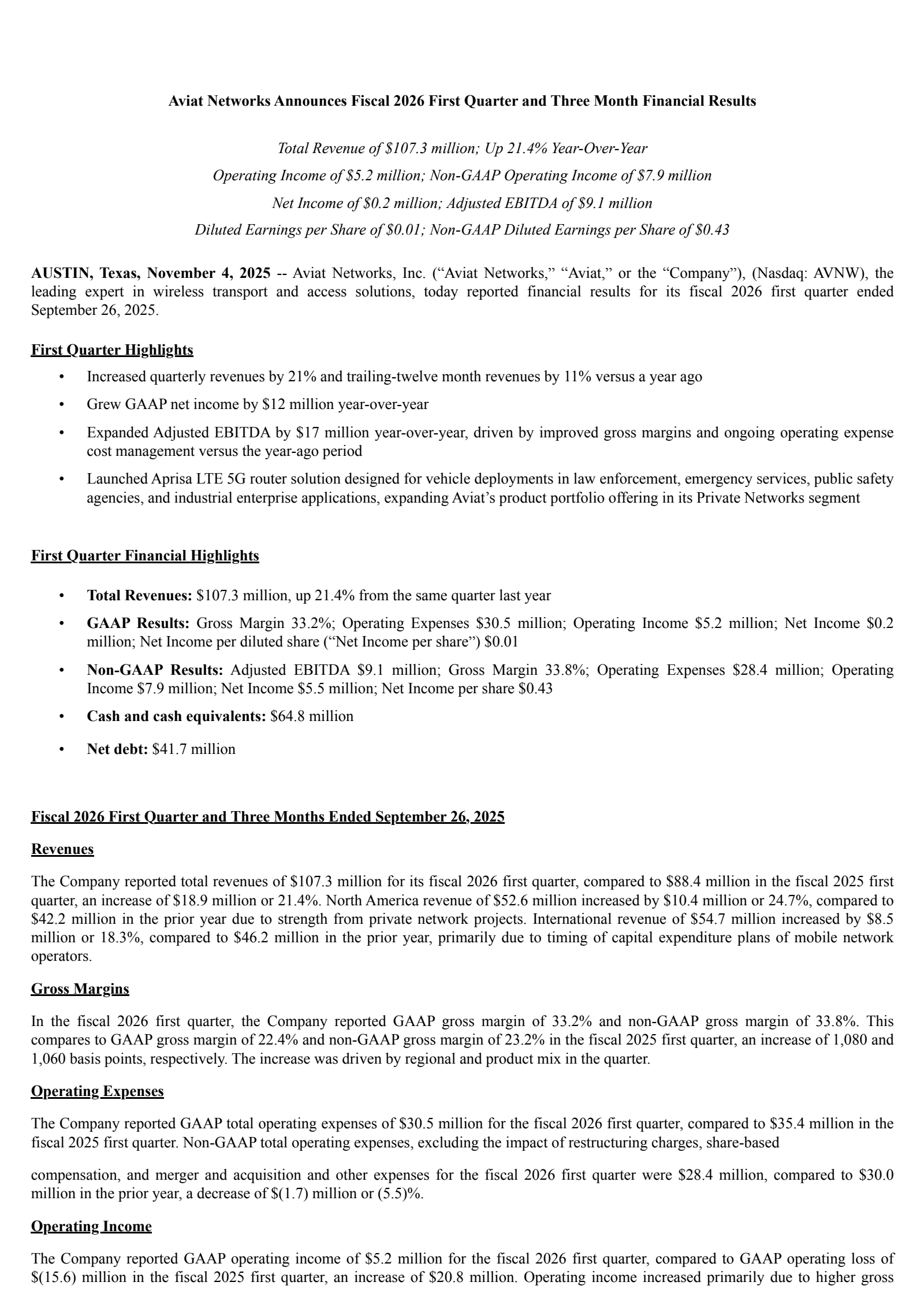 Aviat Networks' Q1 2026 Earnings Release