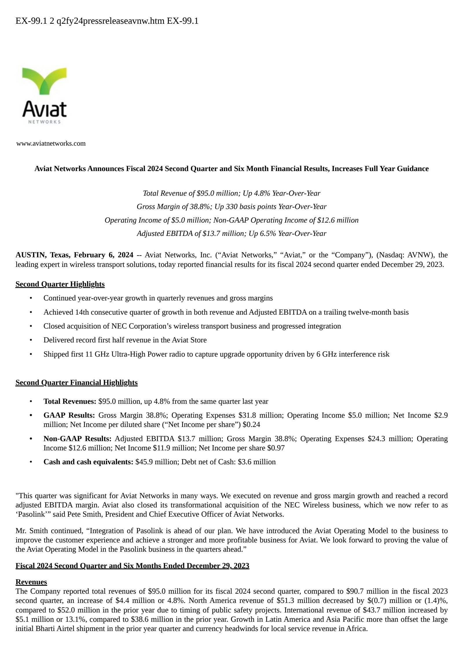 Aviat Networks' Q2 2024 Press Release