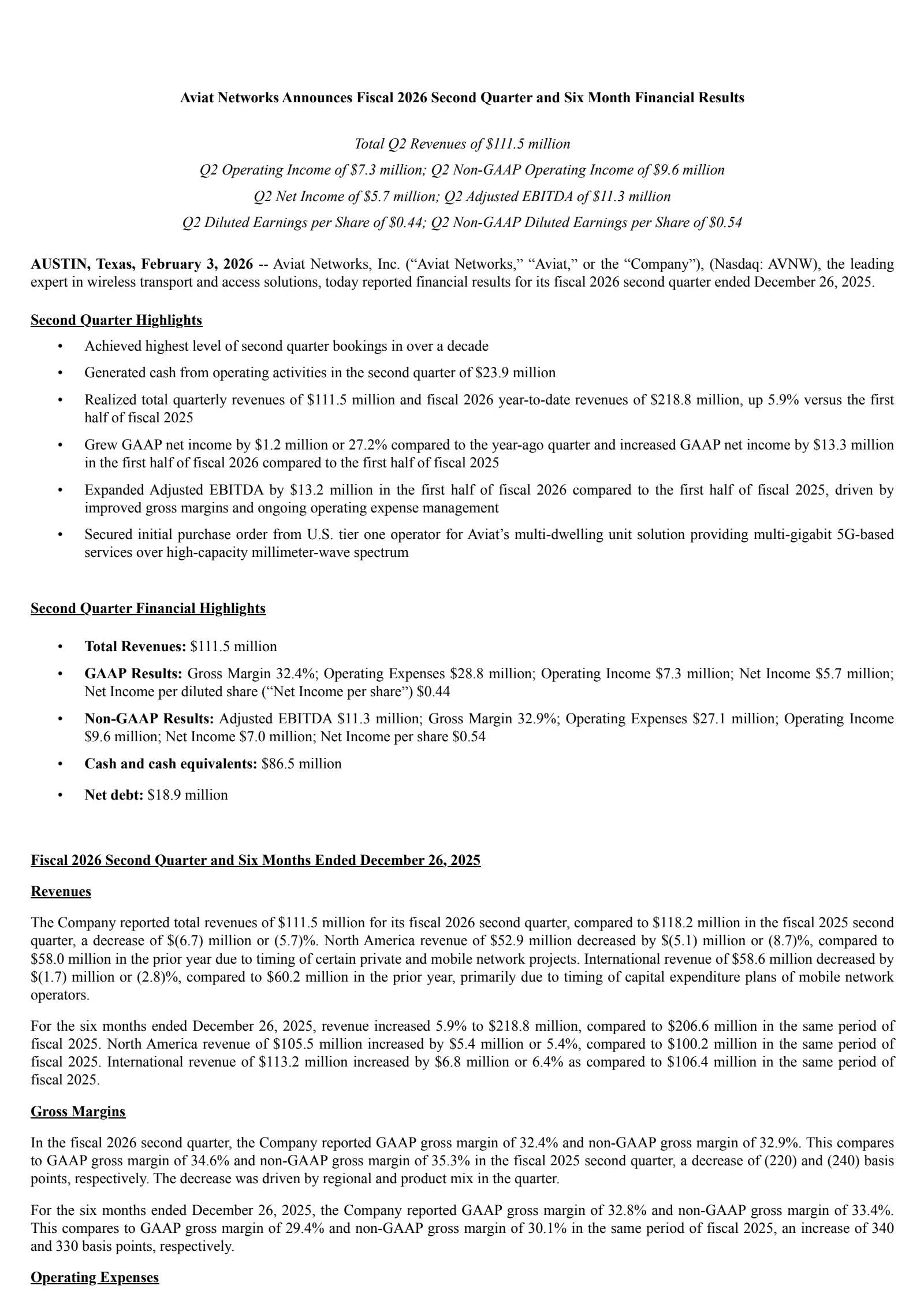 Aviat Networks' Q2 2026 Press Release