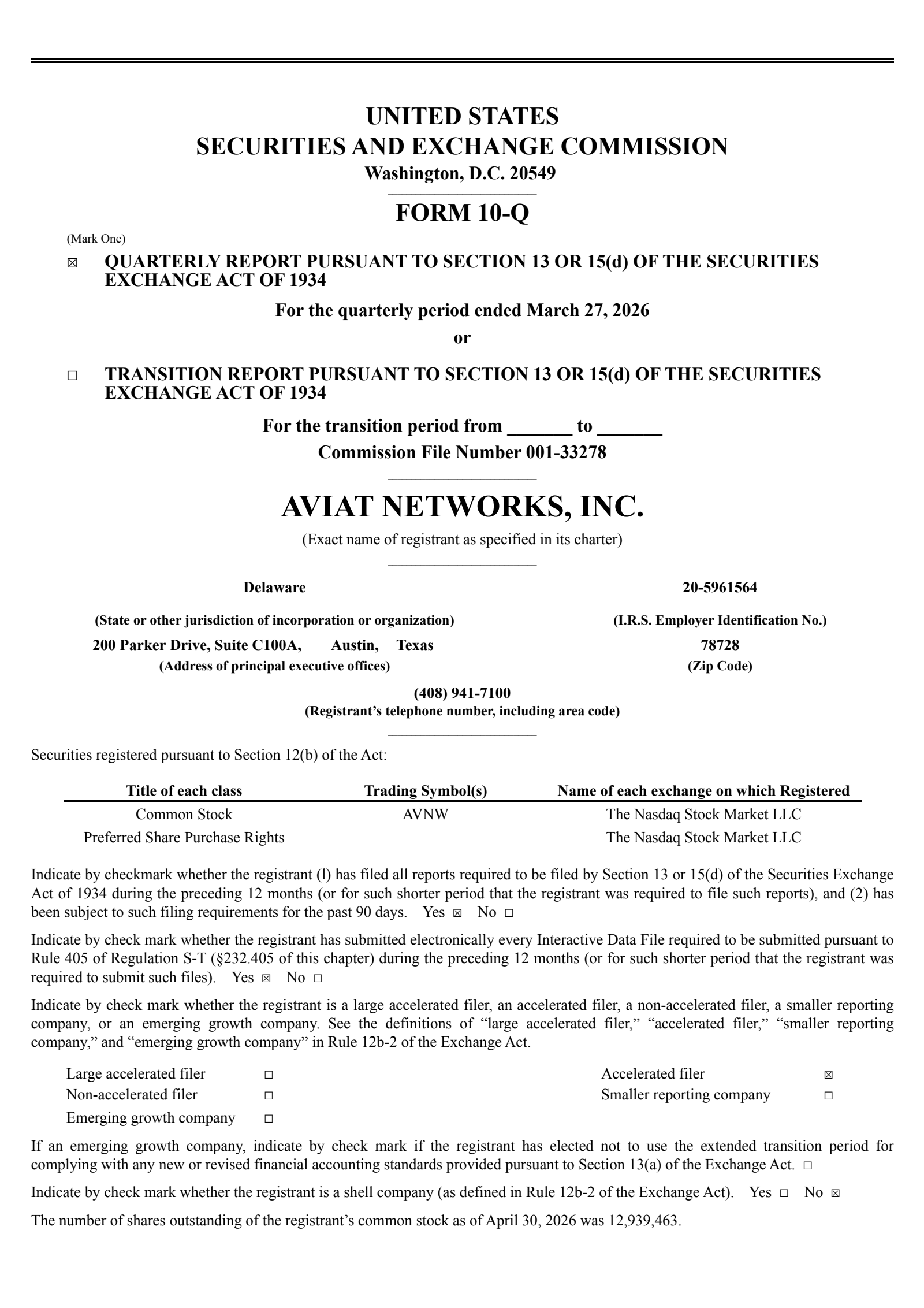 Aviat Networks' Q3 2026 Quarterly report