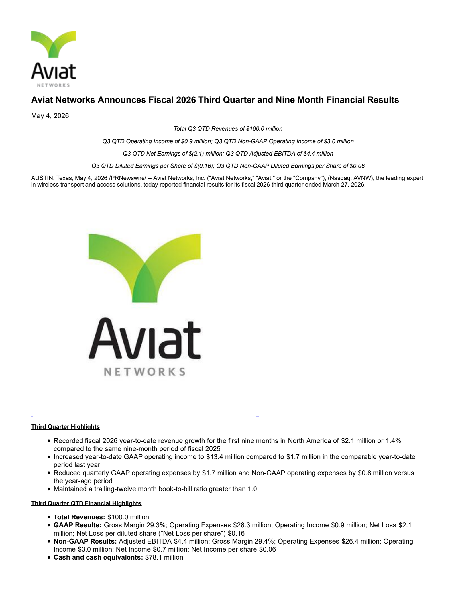 Aviat Networks' Q3 2026 Press Release