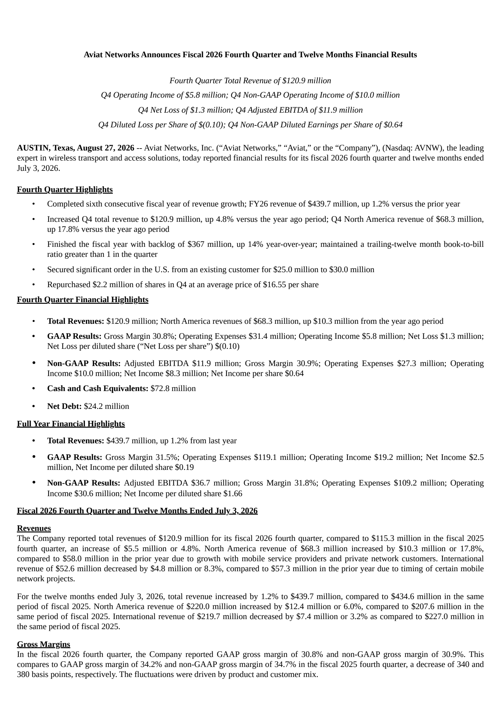 Aviat Networks' Q4 2026 Press Release