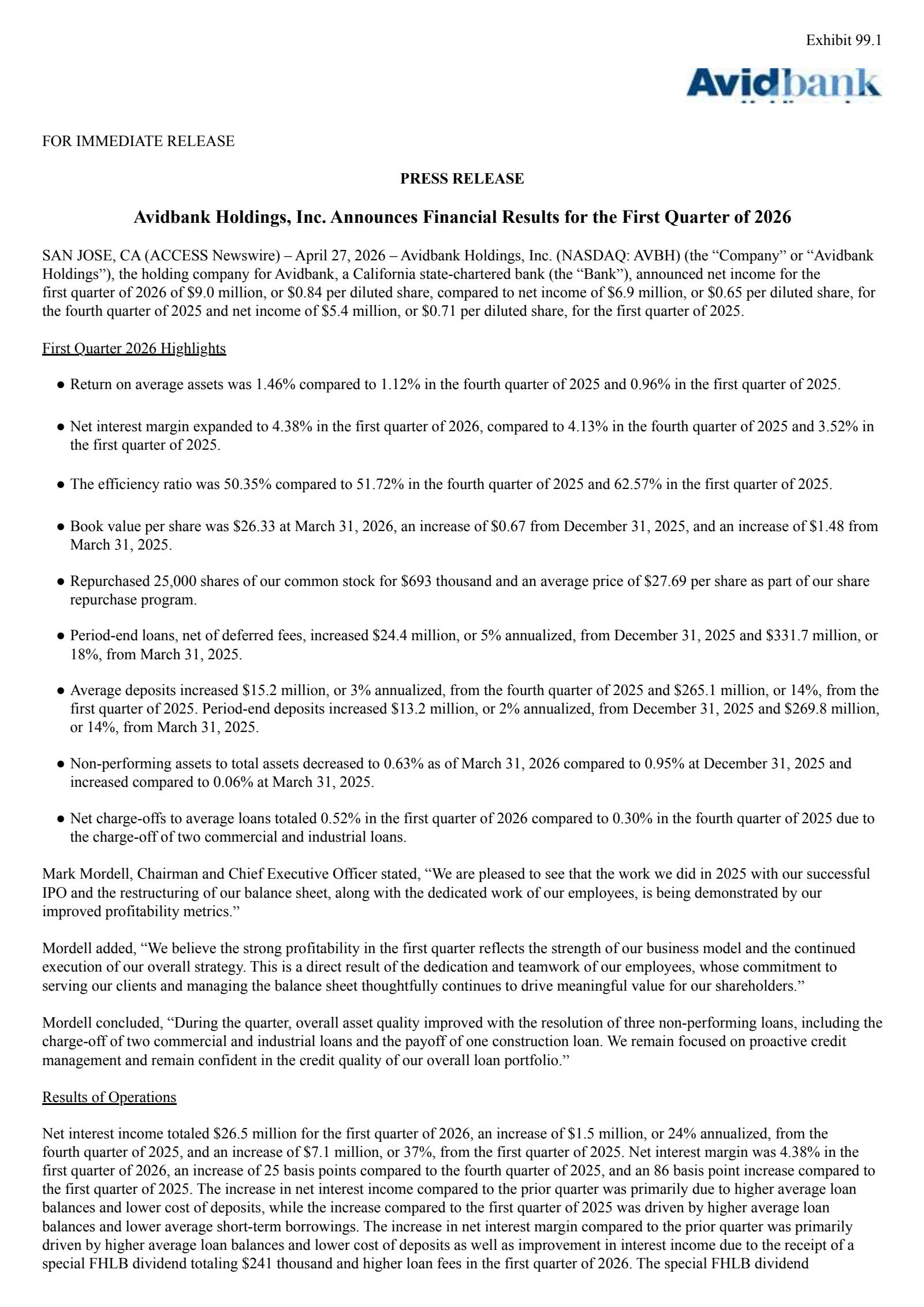 Avidbank's Q1 2026 Press Release