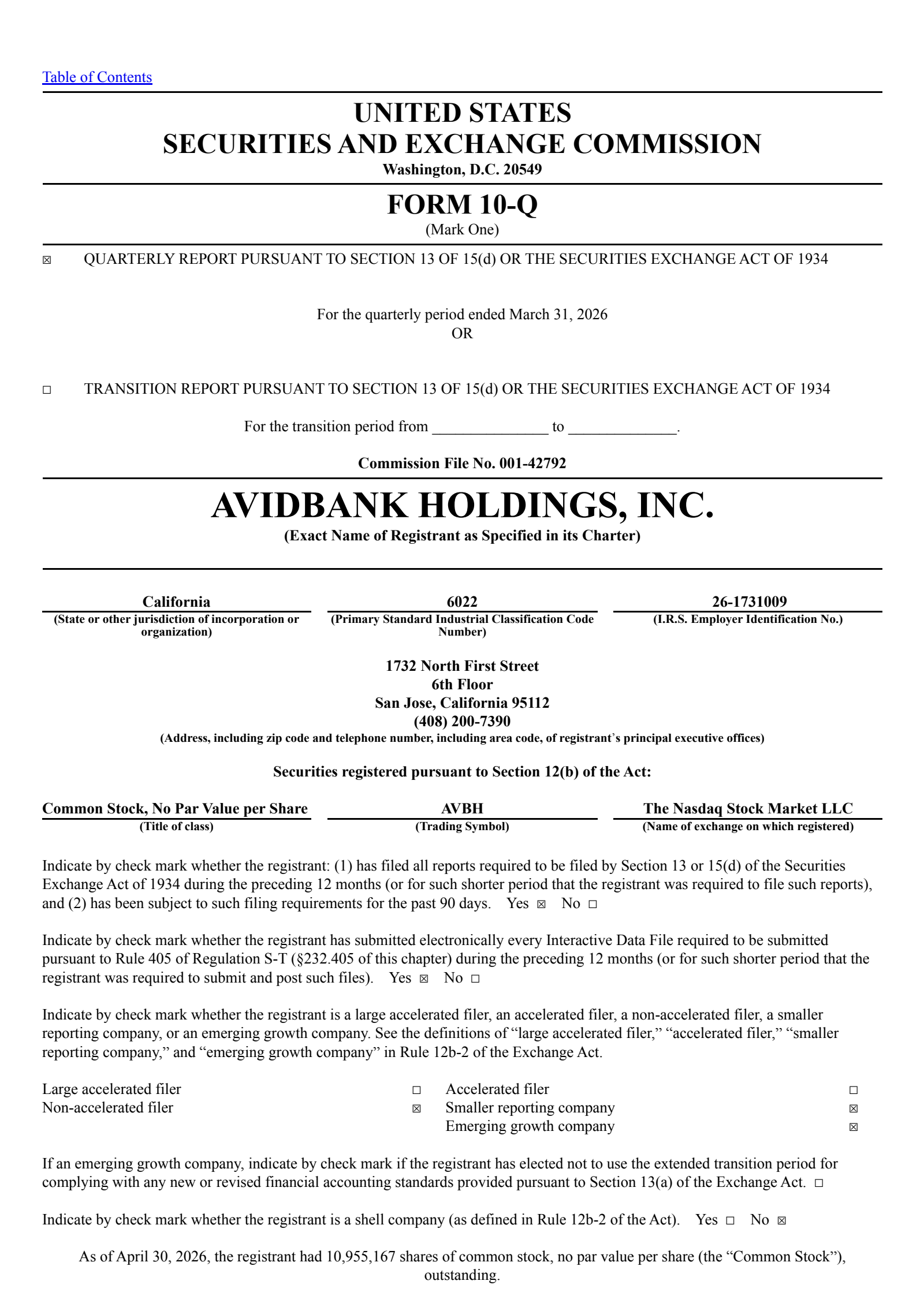 Avidbank's Q1 2026 Quarterly report